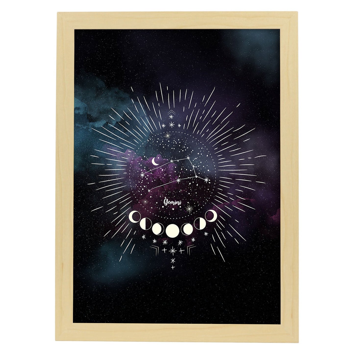 Lamina con la constelación Geminis. Poster con símbolo del Zodiaco en y Fondo del Cielo Estrellado-Artwork-Nacnic-A3-Marco Madera clara-Nacnic Estudio SL
