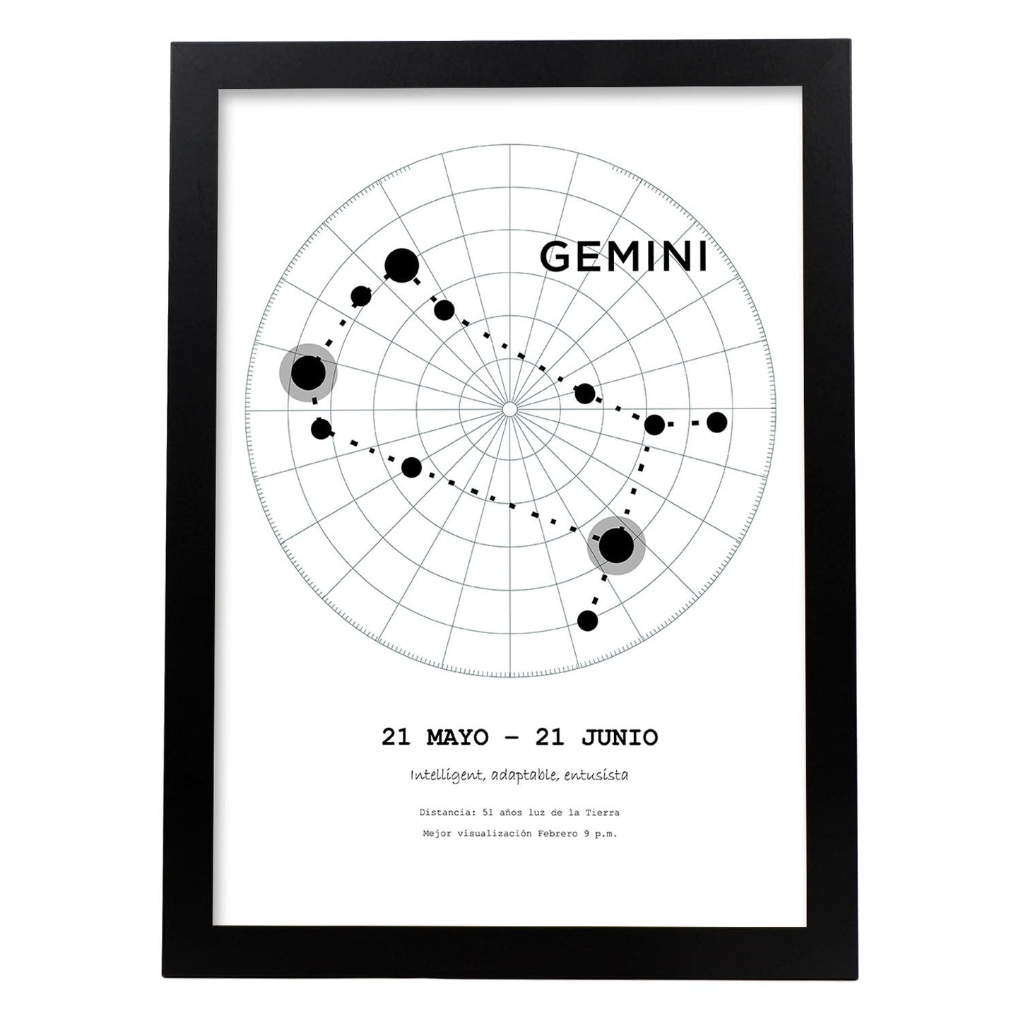 Lamina con la constelación Geminis. Poster con símbolo del zodiaco en y fondo del cielo estrellado-Artwork-Nacnic-A3-Marco Negro-Nacnic Estudio SL
