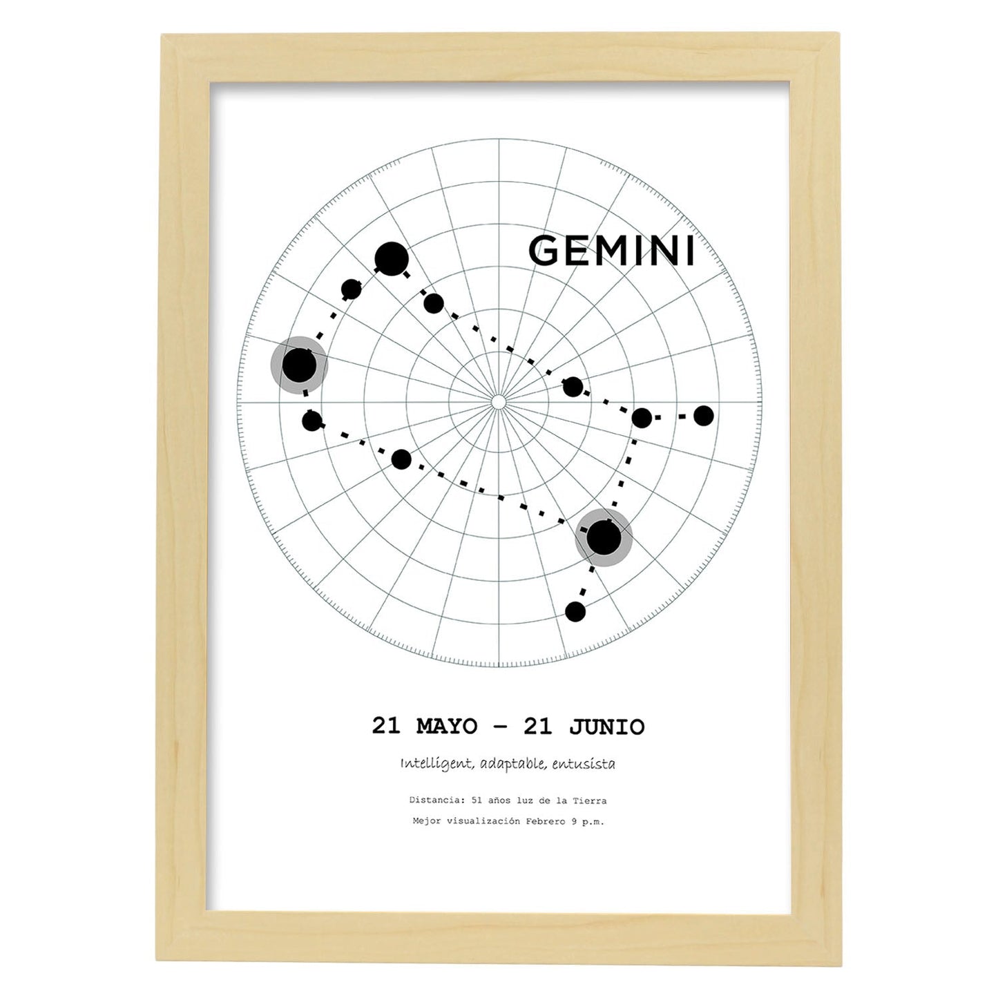 Lamina con la constelación Geminis. Poster con símbolo del zodiaco en y fondo del cielo estrellado-Artwork-Nacnic-A4-Marco Madera clara-Nacnic Estudio SL