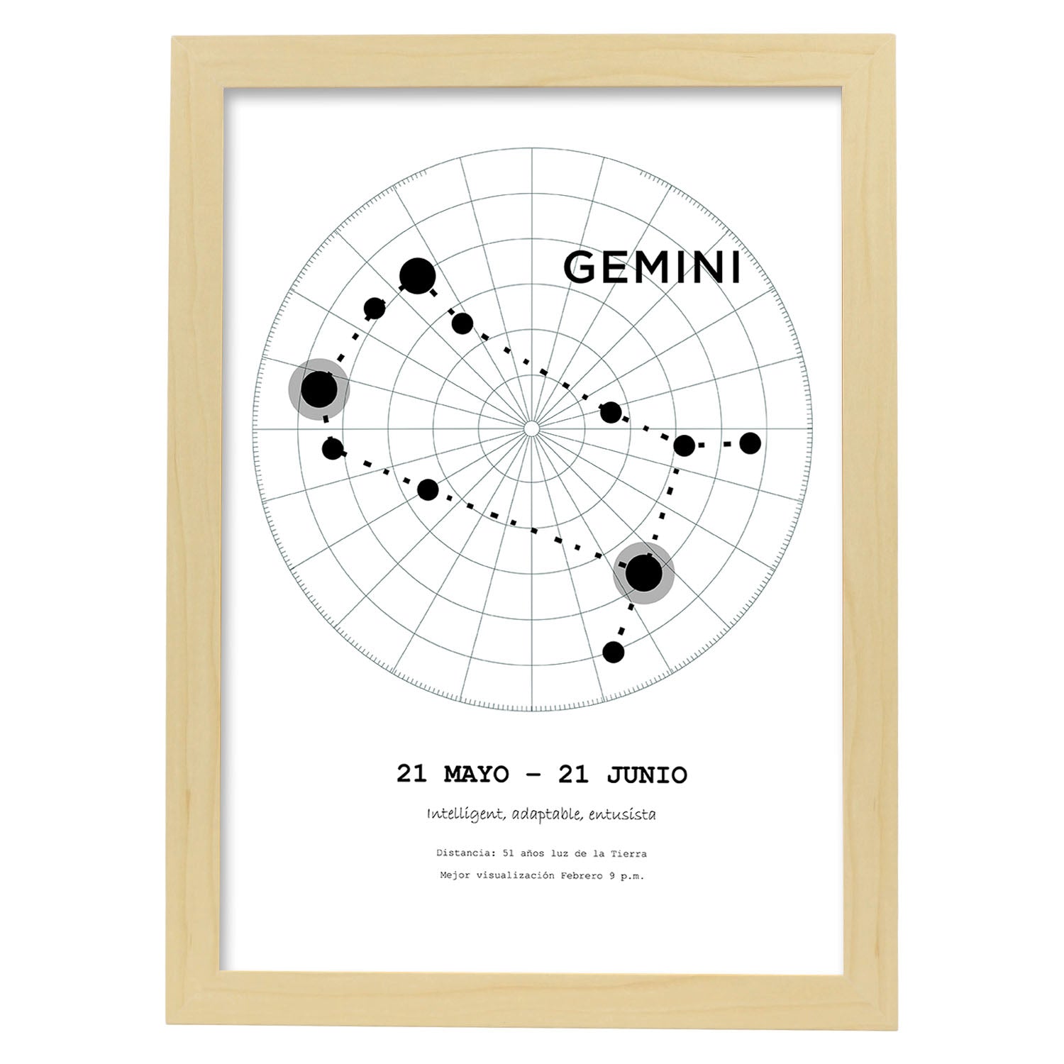 Lamina con la constelación Geminis. Poster con símbolo del zodiaco en y fondo del cielo estrellado-Artwork-Nacnic-A4-Marco Madera clara-Nacnic Estudio SL