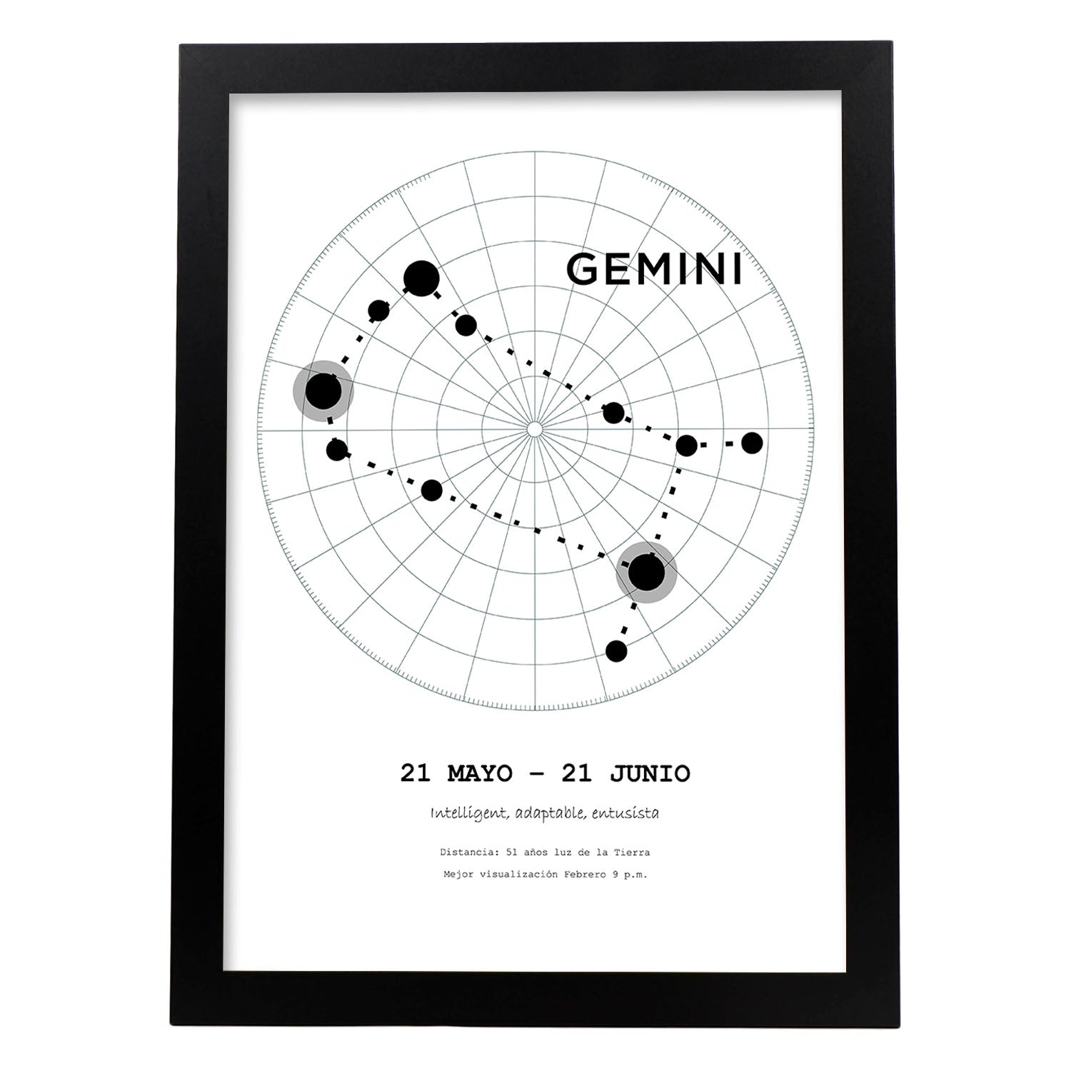 Lamina con la constelación Geminis. Poster con símbolo del zodiaco en y fondo del cielo estrellado-Artwork-Nacnic-A4-Marco Negro-Nacnic Estudio SL