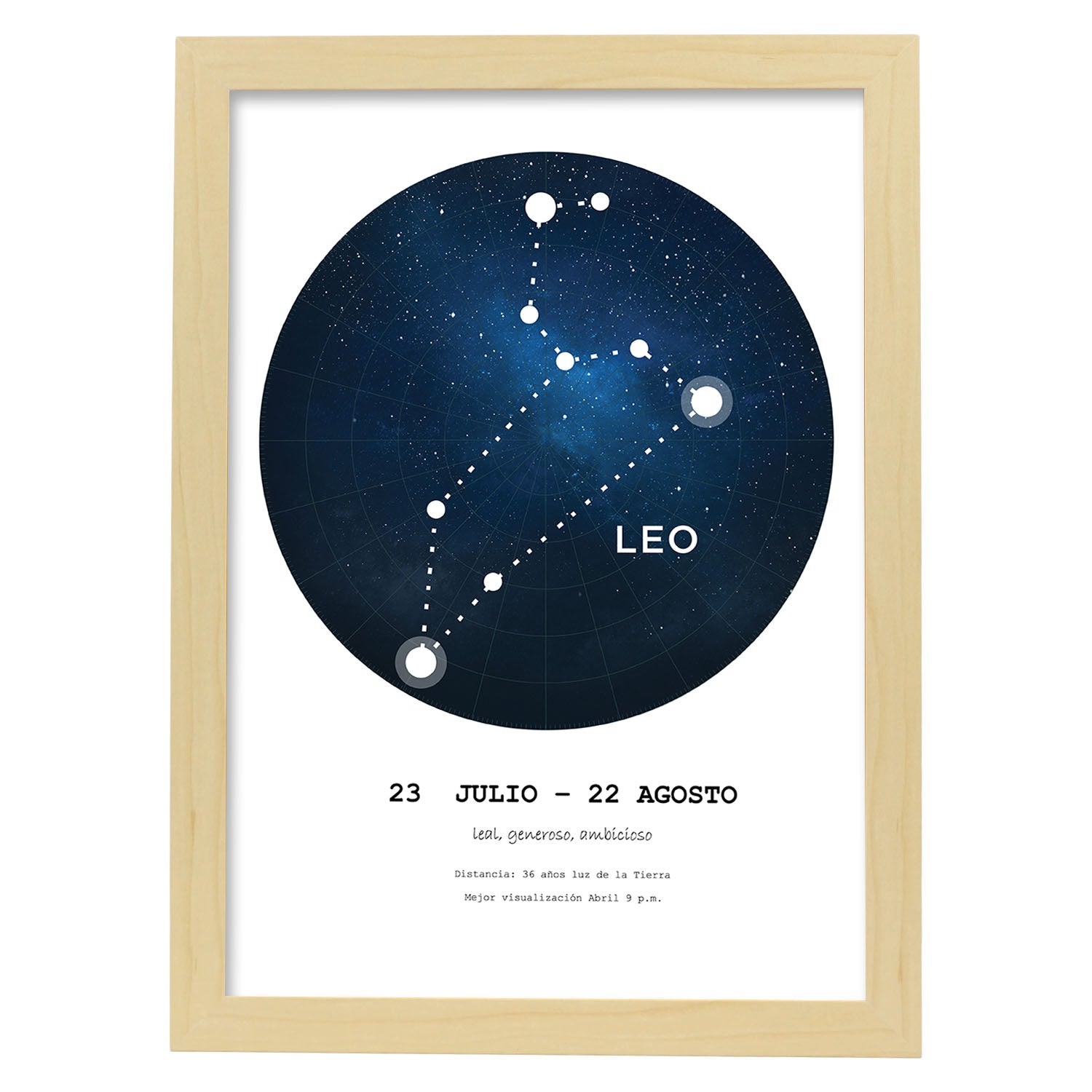Lamina con la constelación Leo. Poster con símbolo del zodiaco en y fondo blanco-Artwork-Nacnic-A4-Marco Madera clara-Nacnic Estudio SL