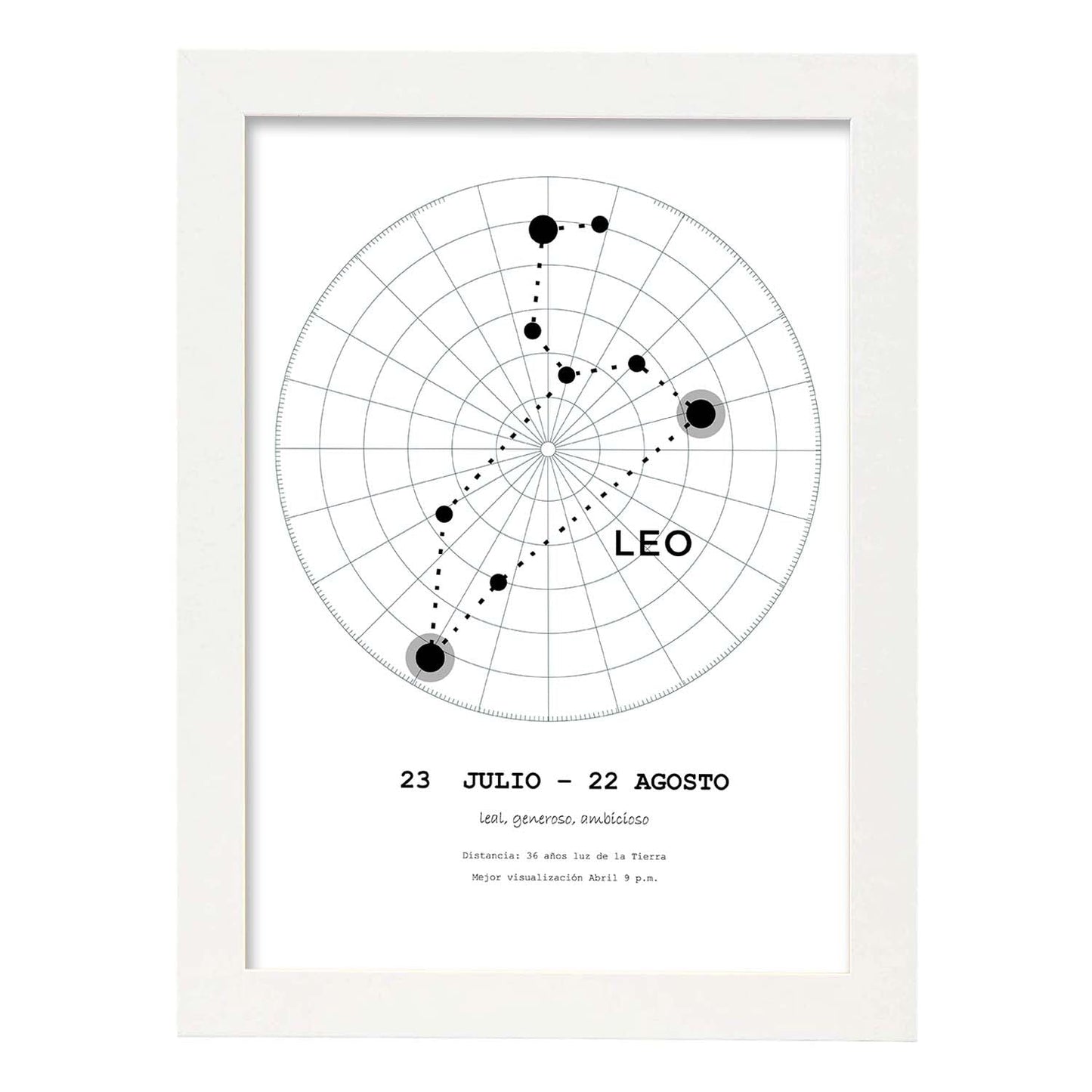 Lamina con la constelación Leo. Poster con símbolo del zodiaco en y fondo del cielo estrellado-Artwork-Nacnic-A3-Marco Blanco-Nacnic Estudio SL