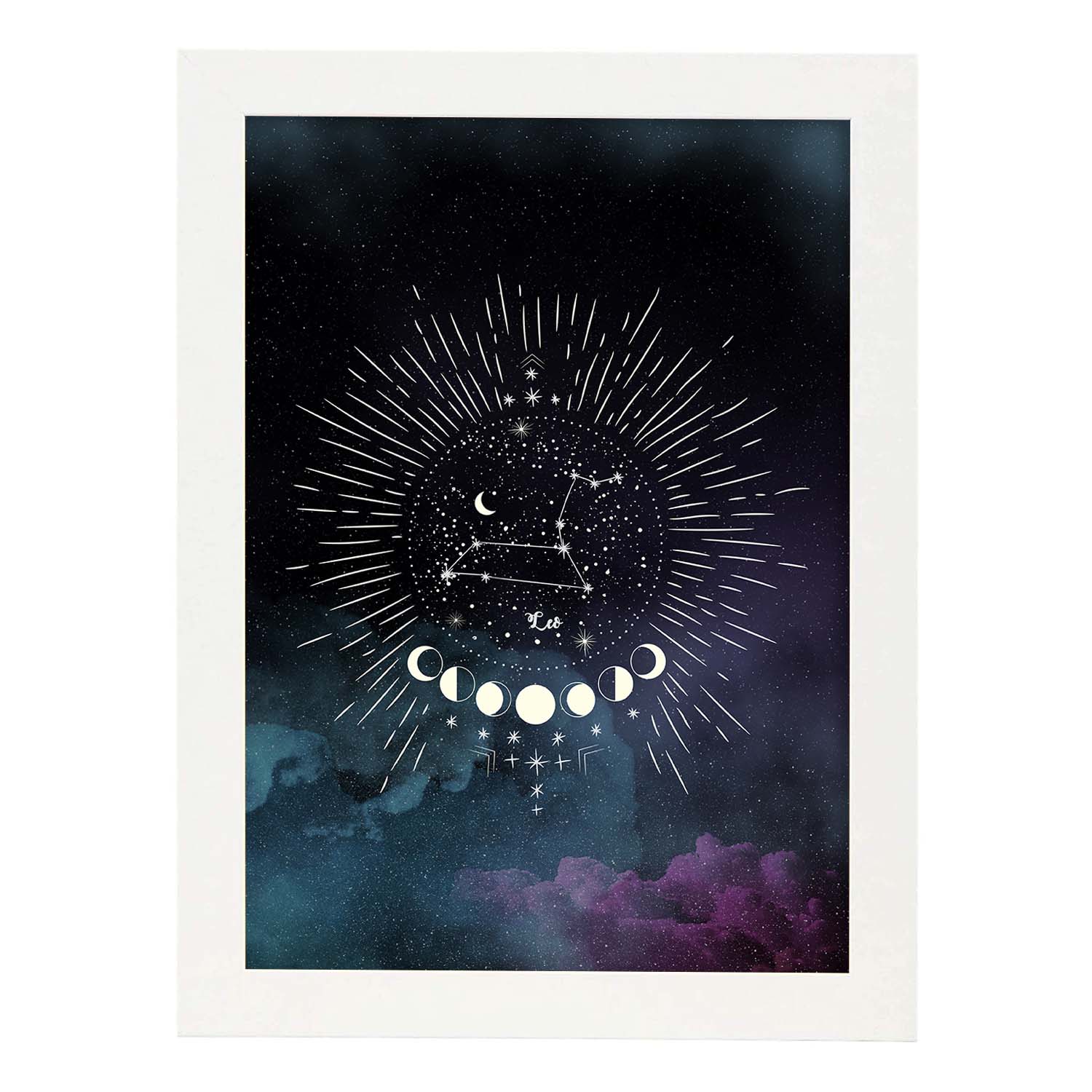Lamina con la constelación Leo. Poster con símbolo del Zodiaco en y Fondo del Cielo Estrellado-Artwork-Nacnic-A3-Marco Blanco-Nacnic Estudio SL
