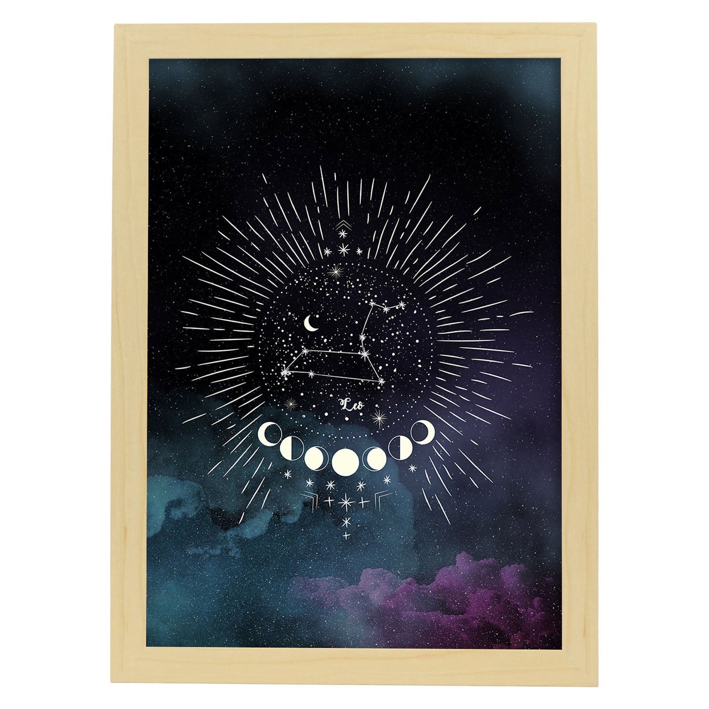Lamina con la constelación Leo. Poster con símbolo del Zodiaco en y Fondo del Cielo Estrellado-Artwork-Nacnic-A3-Marco Madera clara-Nacnic Estudio SL