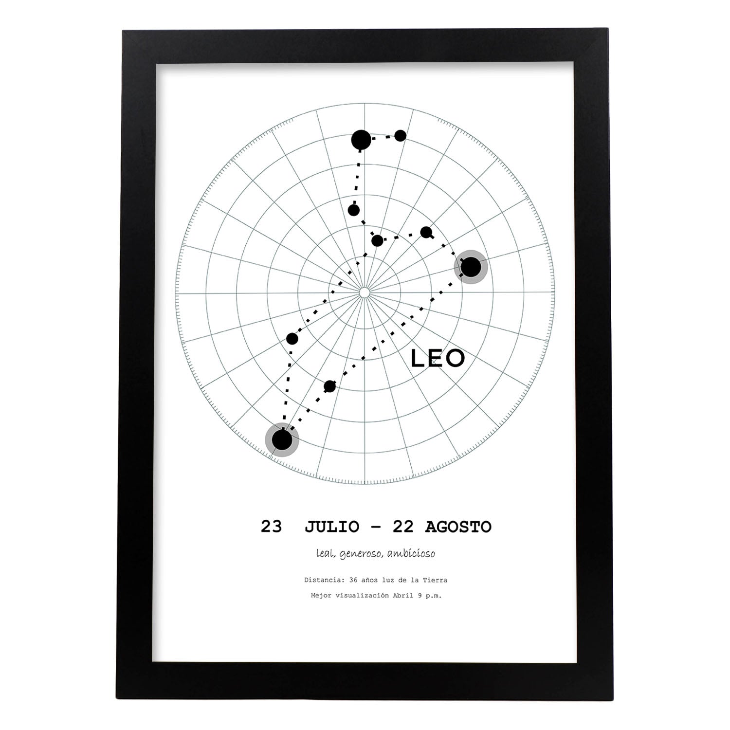 Lamina con la constelación Leo. Poster con símbolo del zodiaco en y fondo del cielo estrellado-Artwork-Nacnic-A3-Marco Negro-Nacnic Estudio SL