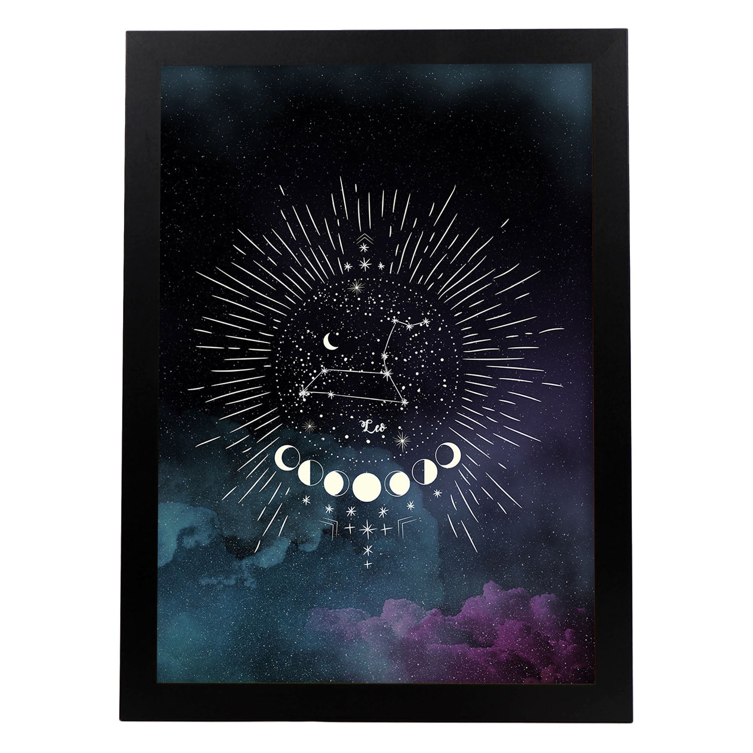 Lamina con la constelación Leo. Poster con símbolo del Zodiaco en y Fondo del Cielo Estrellado-Artwork-Nacnic-A3-Marco Negro-Nacnic Estudio SL