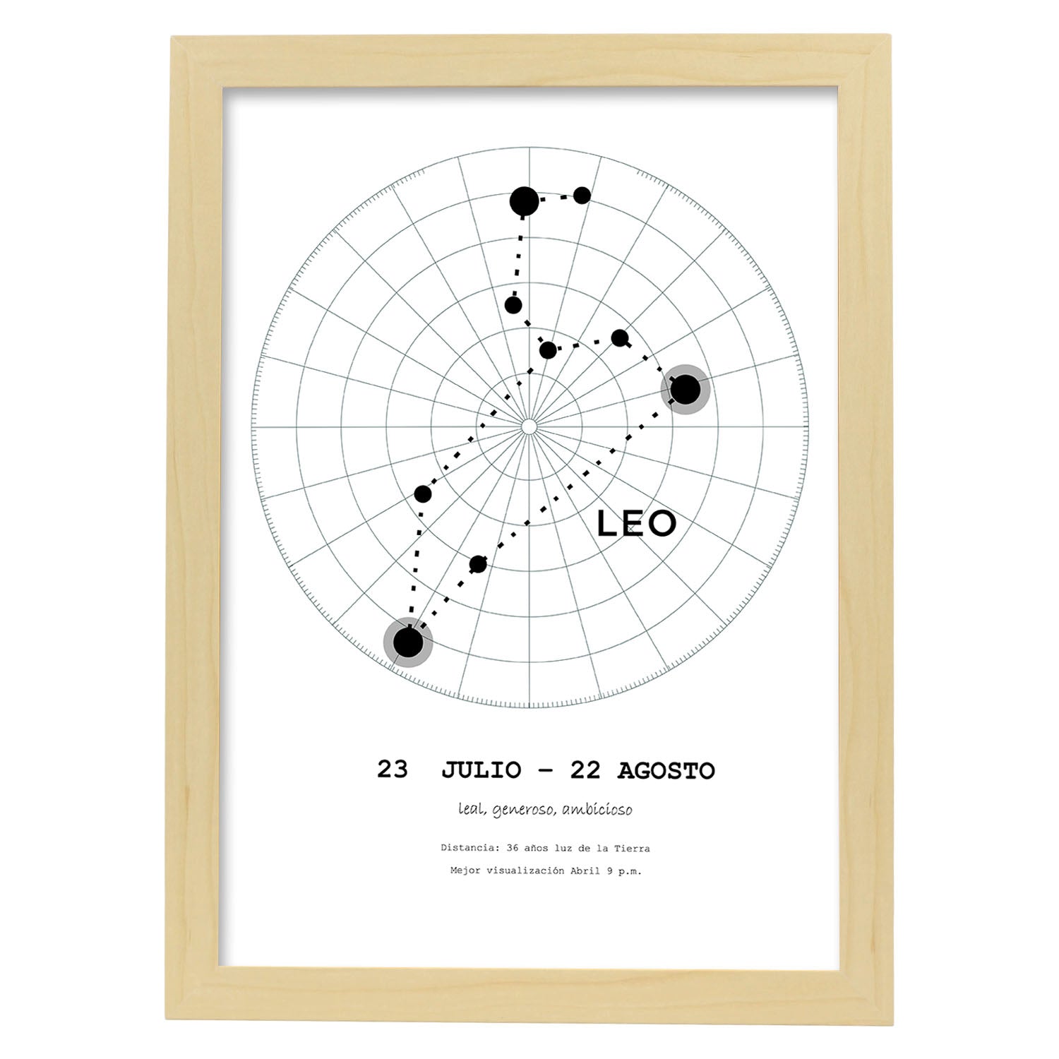 Lamina con la constelación Leo. Poster con símbolo del zodiaco en y fondo del cielo estrellado-Artwork-Nacnic-A4-Marco Madera clara-Nacnic Estudio SL