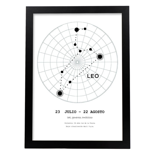 Lamina con la constelación Leo. Poster con símbolo del zodiaco en y fondo del cielo estrellado-Artwork-Nacnic-A4-Marco Negro-Nacnic Estudio SL