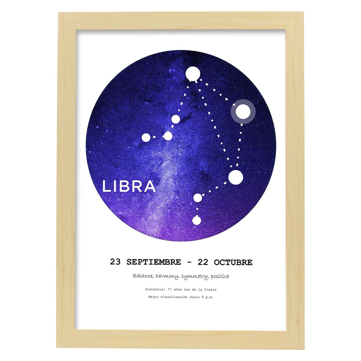 Lamina con la constelación Libra. Poster con símbolo del zodiaco en y fondo blanco-Artwork-Nacnic-A3-Marco Madera clara-Nacnic Estudio SL