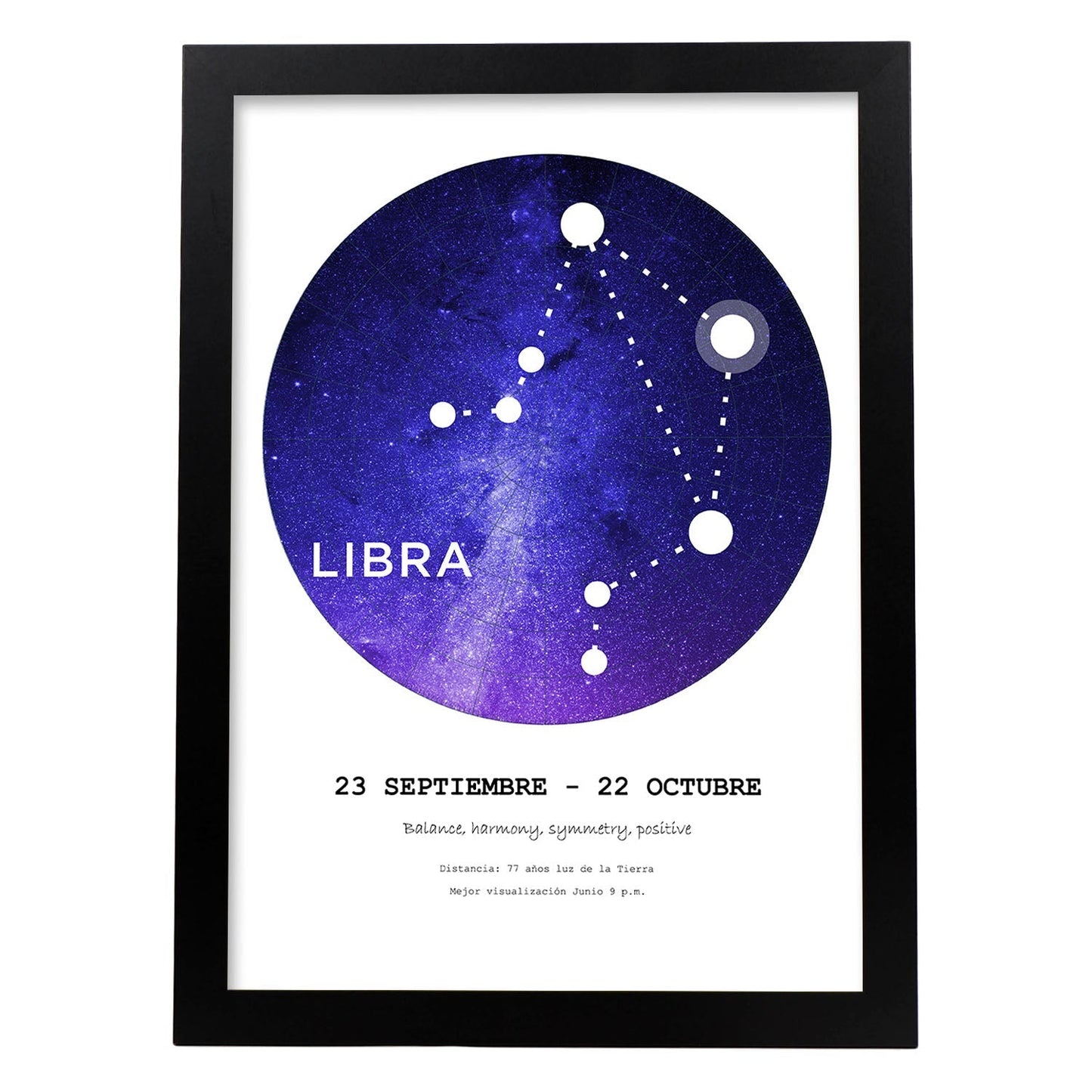 Lamina con la constelación Libra. Poster con símbolo del zodiaco en y fondo blanco-Artwork-Nacnic-A3-Marco Negro-Nacnic Estudio SL