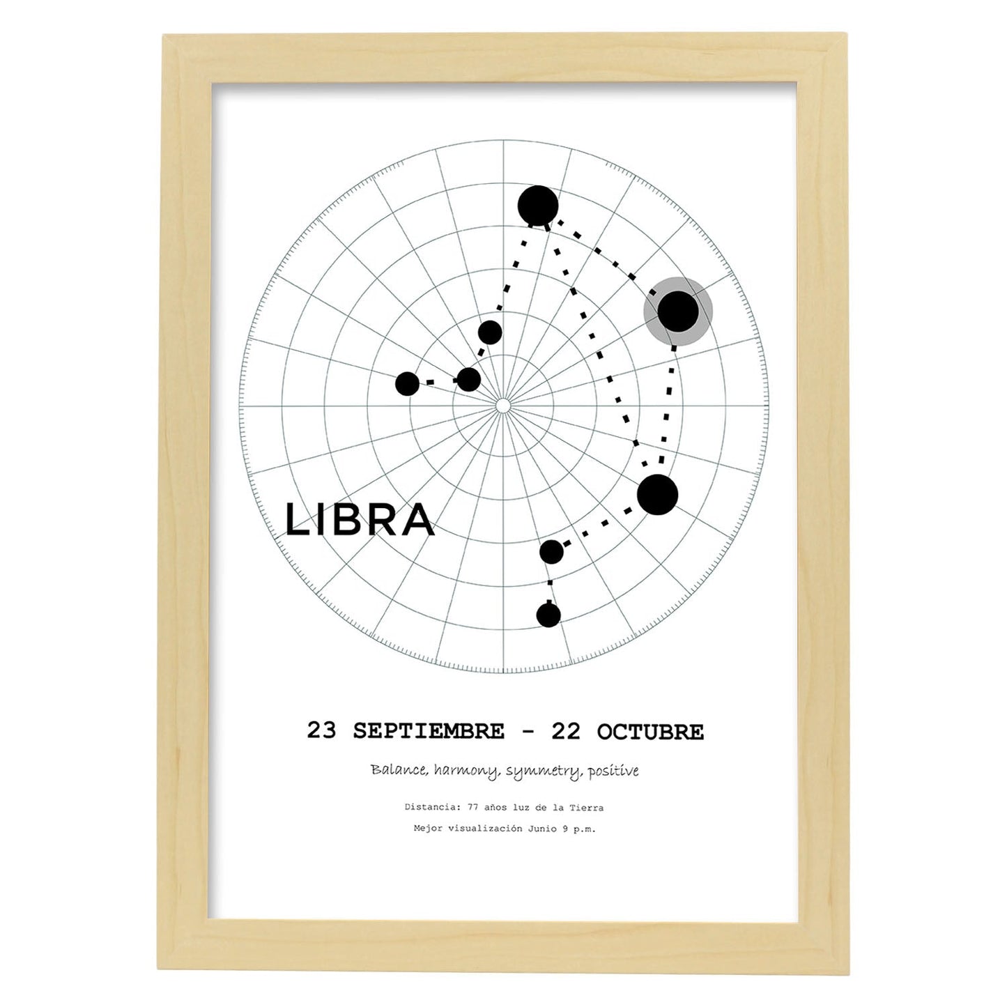 Lamina con la constelación Libra. Poster con símbolo del zodiaco en y fondo del cielo estrellado-Artwork-Nacnic-A3-Marco Madera clara-Nacnic Estudio SL
