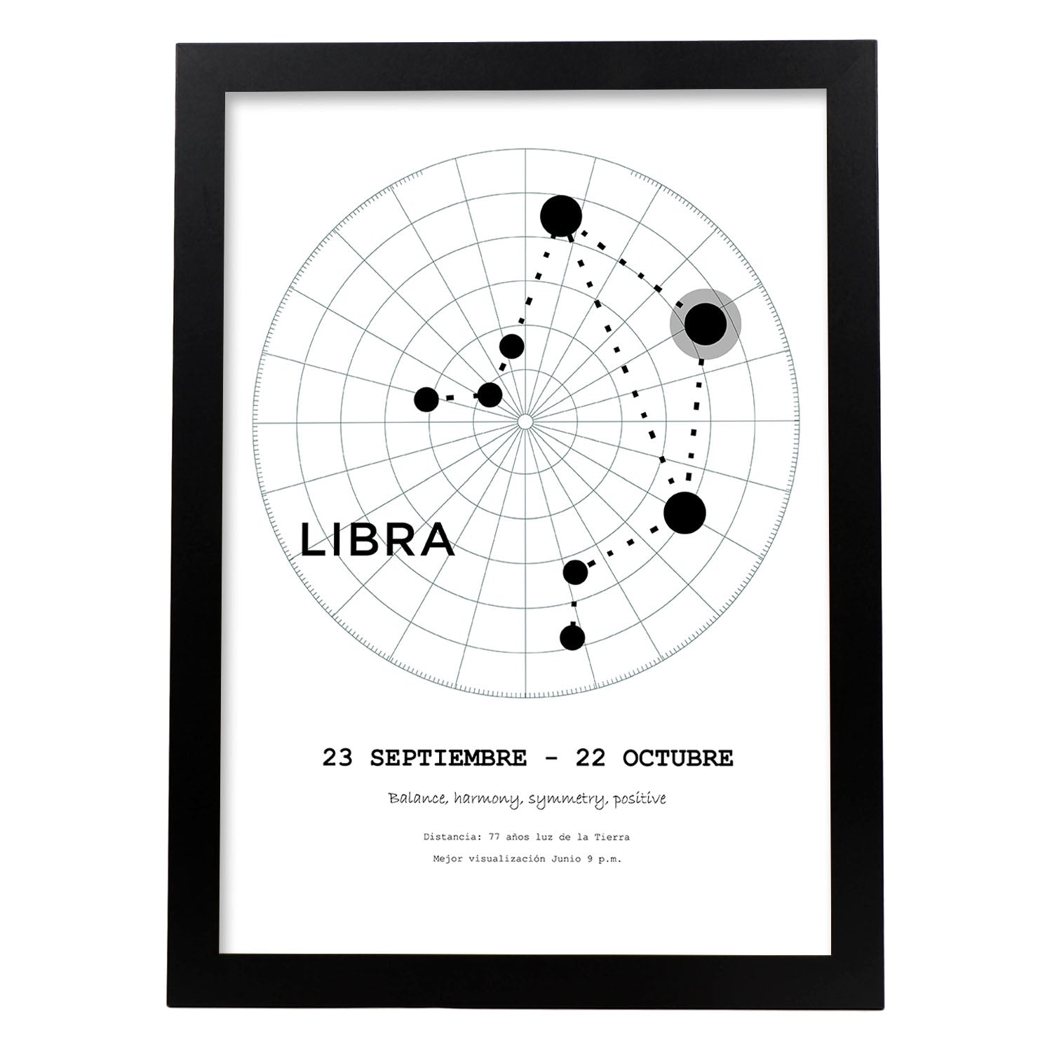 Lamina con la constelación Libra. Poster con símbolo del zodiaco en y fondo del cielo estrellado-Artwork-Nacnic-A3-Marco Negro-Nacnic Estudio SL