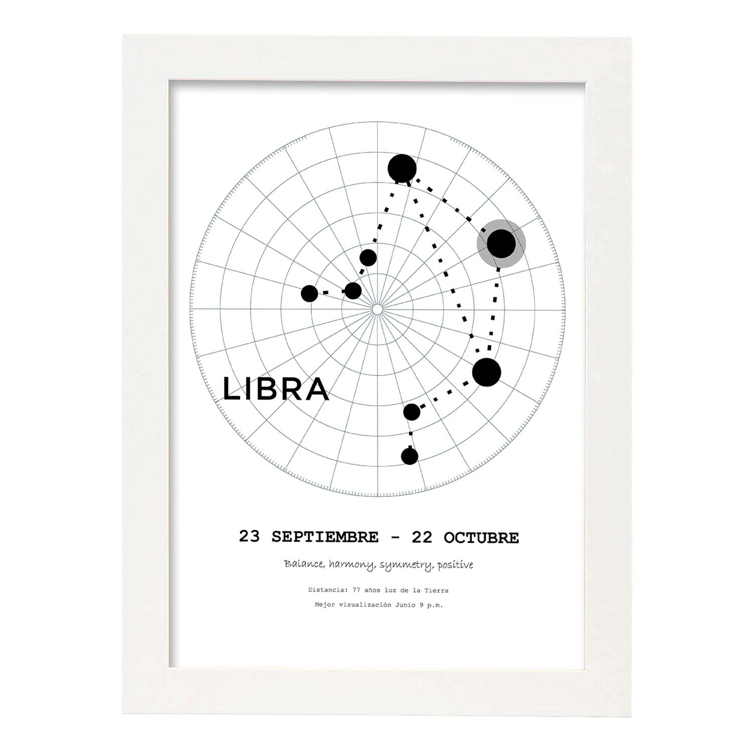 Lamina con la constelación Libra. Poster con símbolo del zodiaco en y fondo del cielo estrellado-Artwork-Nacnic-A4-Marco Blanco-Nacnic Estudio SL