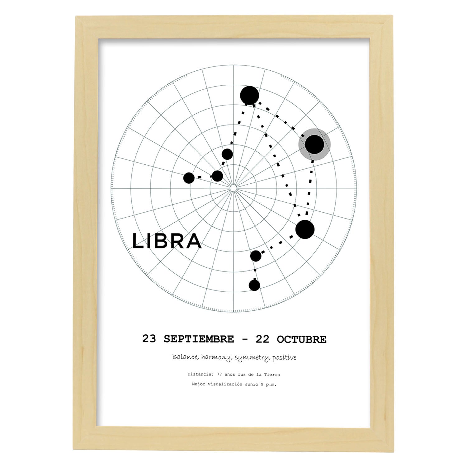 Lamina con la constelación Libra. Poster con símbolo del zodiaco en y fondo del cielo estrellado-Artwork-Nacnic-A4-Marco Madera clara-Nacnic Estudio SL
