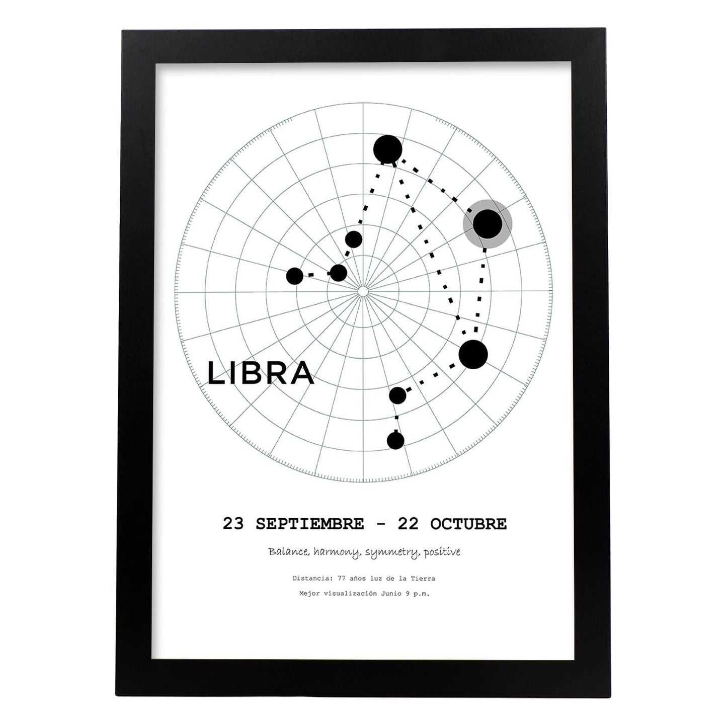 Lamina con la constelación Libra. Poster con símbolo del zodiaco en y fondo del cielo estrellado-Artwork-Nacnic-A4-Marco Negro-Nacnic Estudio SL