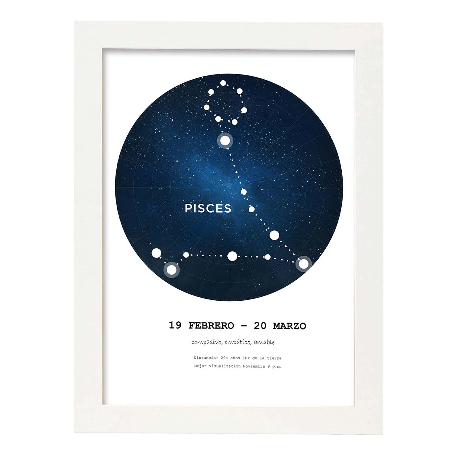 Lamina con la constelación Pisces. Poster con símbolo del zodiaco en y fondo blanco-Artwork-Nacnic-A3-Marco Blanco-Nacnic Estudio SL