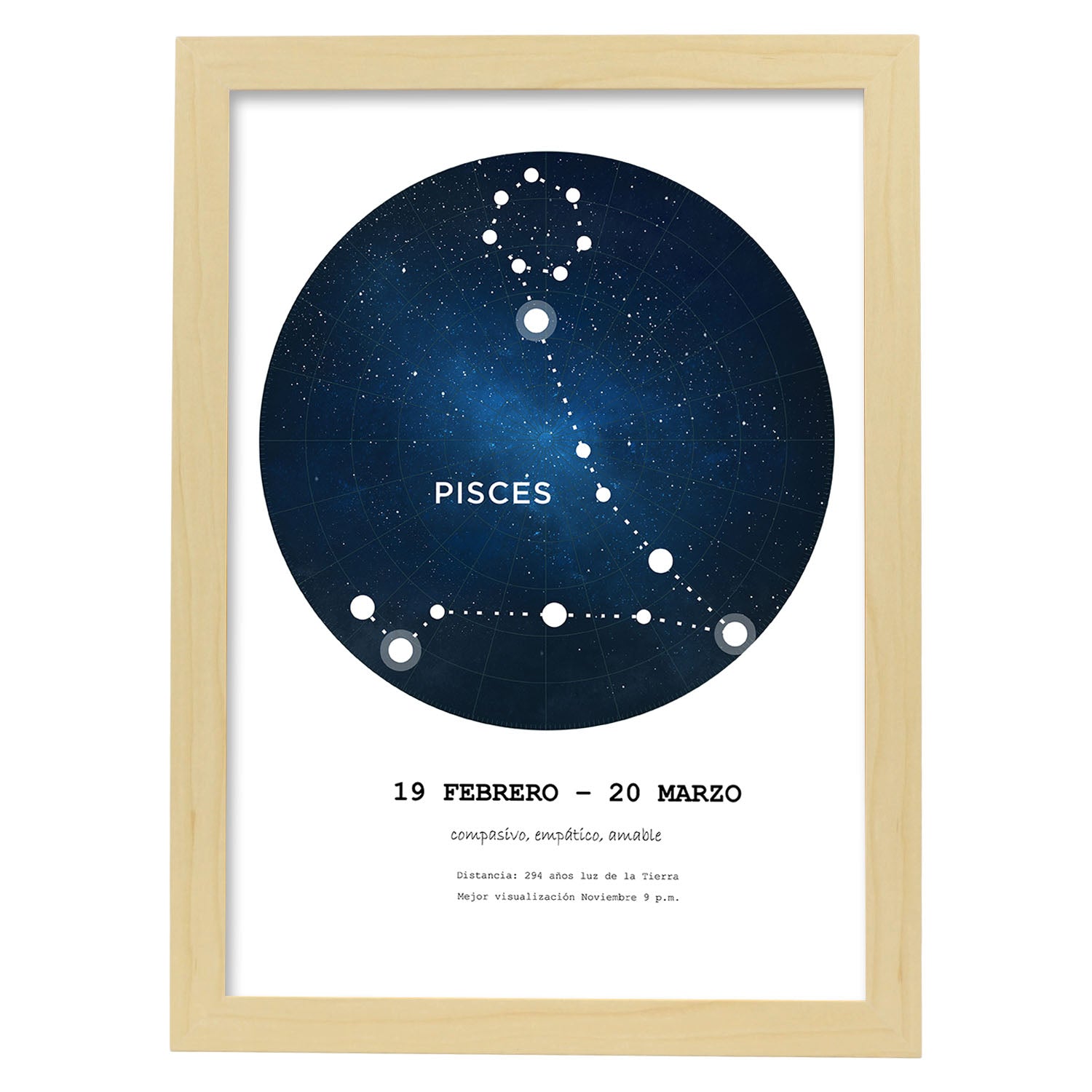 Lamina con la constelación Pisces. Poster con símbolo del zodiaco en y fondo blanco-Artwork-Nacnic-A3-Marco Madera clara-Nacnic Estudio SL