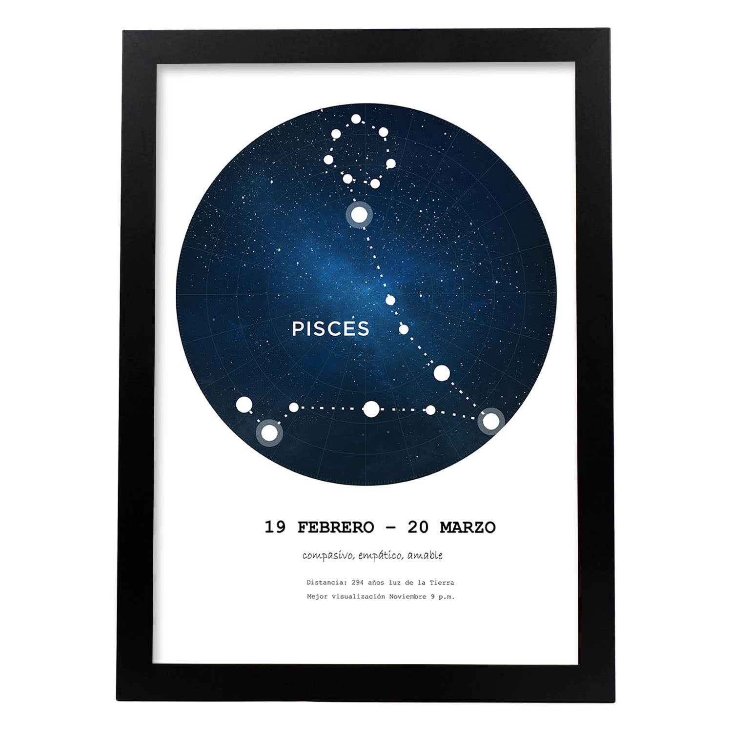 Lamina con la constelación Pisces. Poster con símbolo del zodiaco en y fondo blanco-Artwork-Nacnic-A3-Marco Negro-Nacnic Estudio SL
