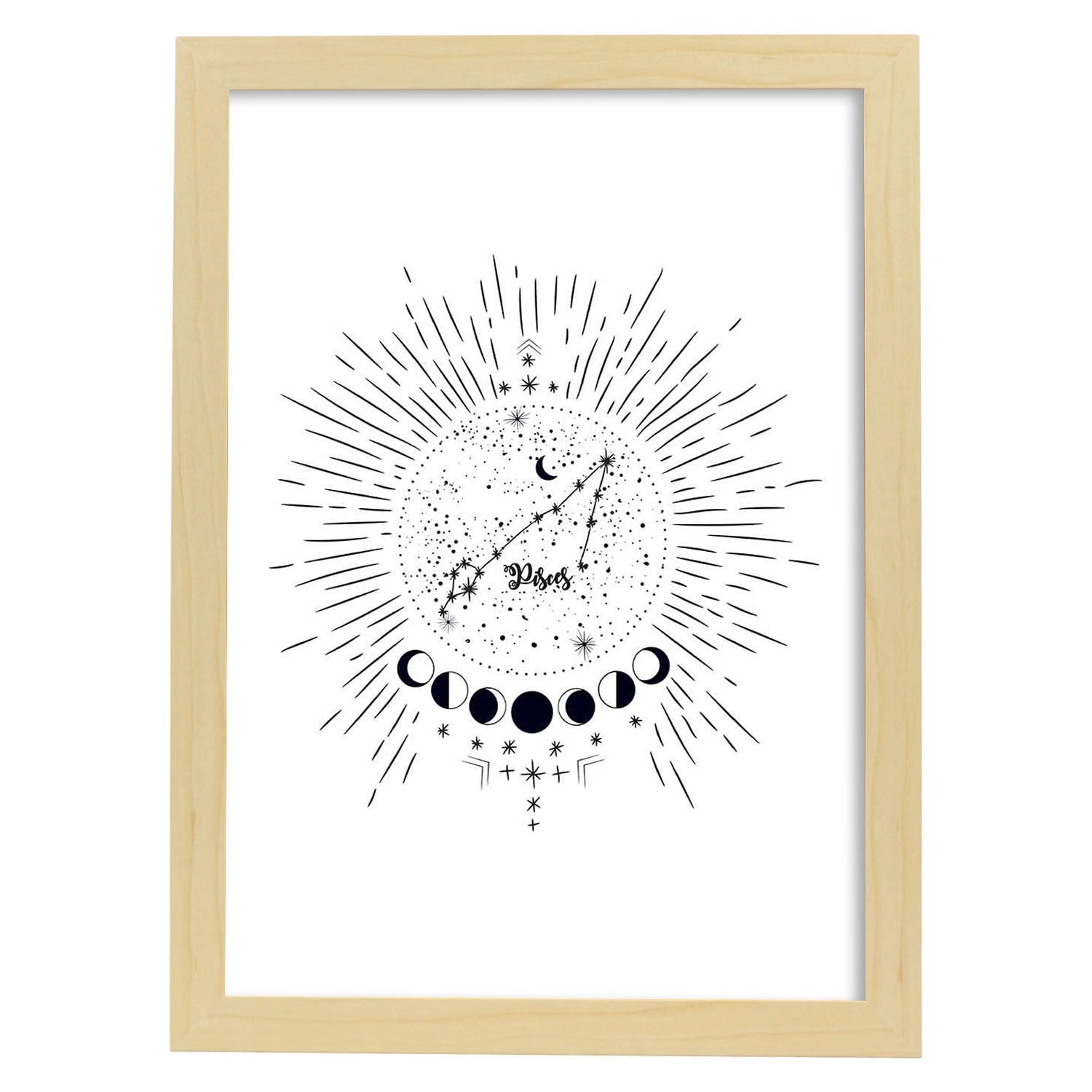 Lamina con la constelación Piscis. Poster con símbolo del zodiaco en y fondo blanco-Artwork-Nacnic-A3-Marco Madera clara-Nacnic Estudio SL
