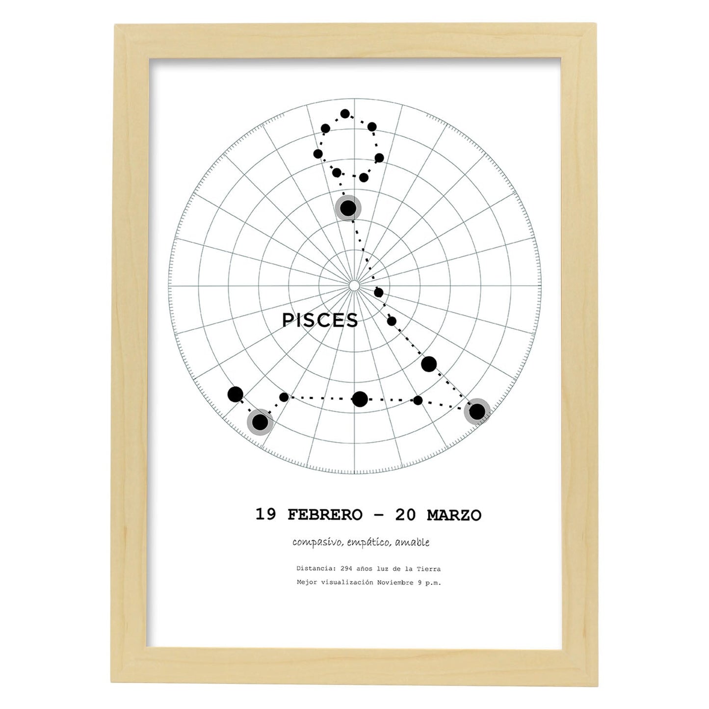 Lamina con la constelación Piscis. Poster con símbolo del zodiaco en y fondo del cielo estrellado-Artwork-Nacnic-A3-Marco Madera clara-Nacnic Estudio SL