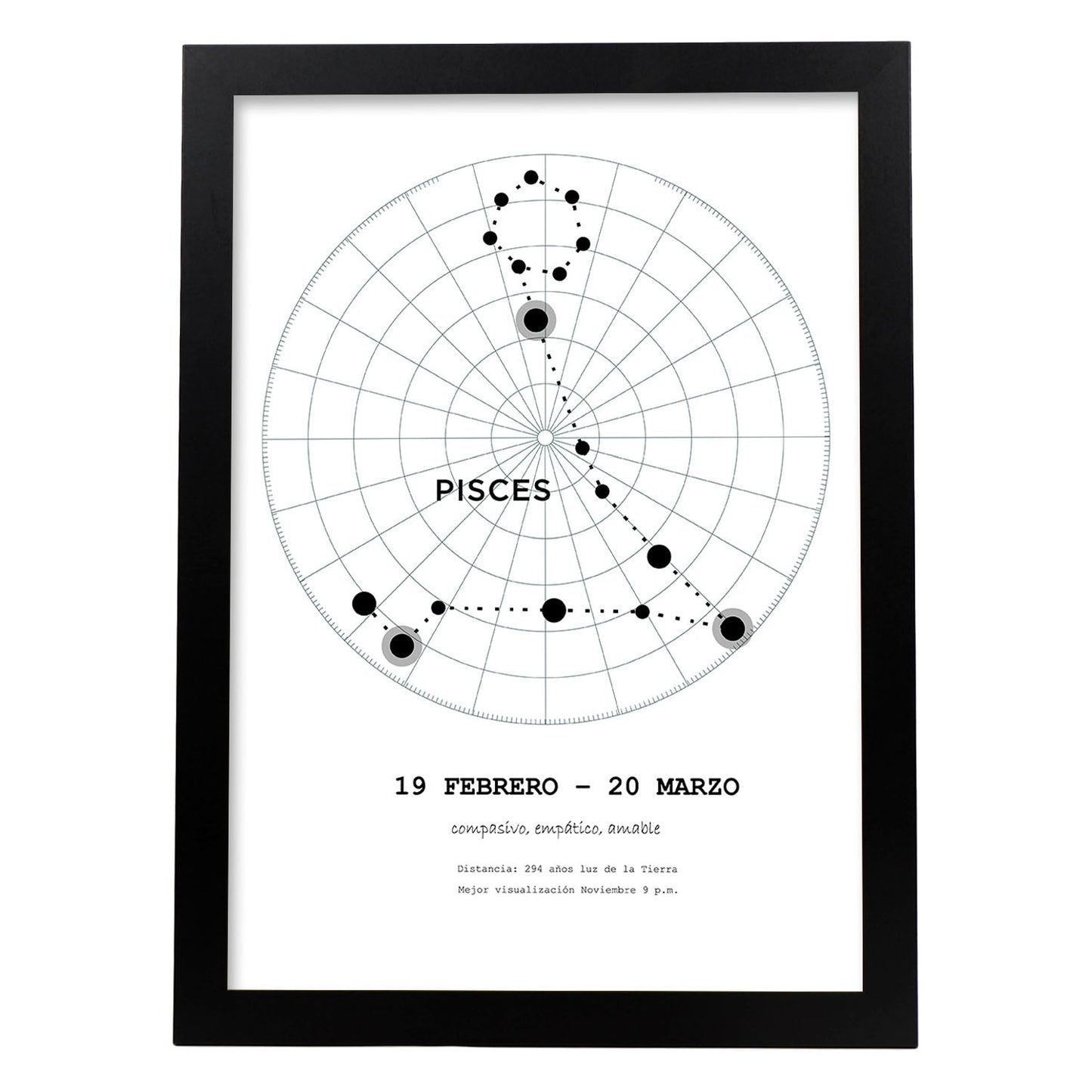 Lamina con la constelación Piscis. Poster con símbolo del zodiaco en y fondo del cielo estrellado-Artwork-Nacnic-A3-Marco Negro-Nacnic Estudio SL