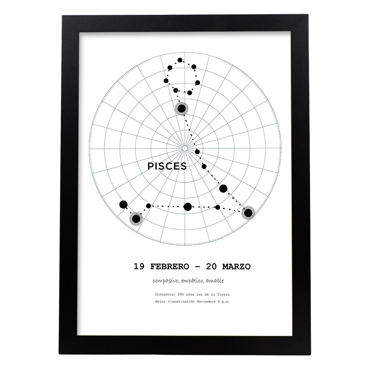 Lamina con la constelación Piscis. Poster con símbolo del zodiaco en y fondo del cielo estrellado-Artwork-Nacnic-A4-Marco Negro-Nacnic Estudio SL