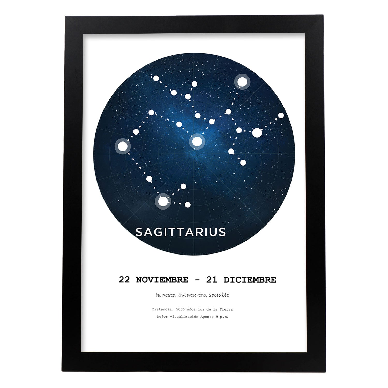 Lamina con la constelación Sagittarius. Poster con símbolo del zodiaco en y fondo blanco-Artwork-Nacnic-A3-Marco Negro-Nacnic Estudio SL
