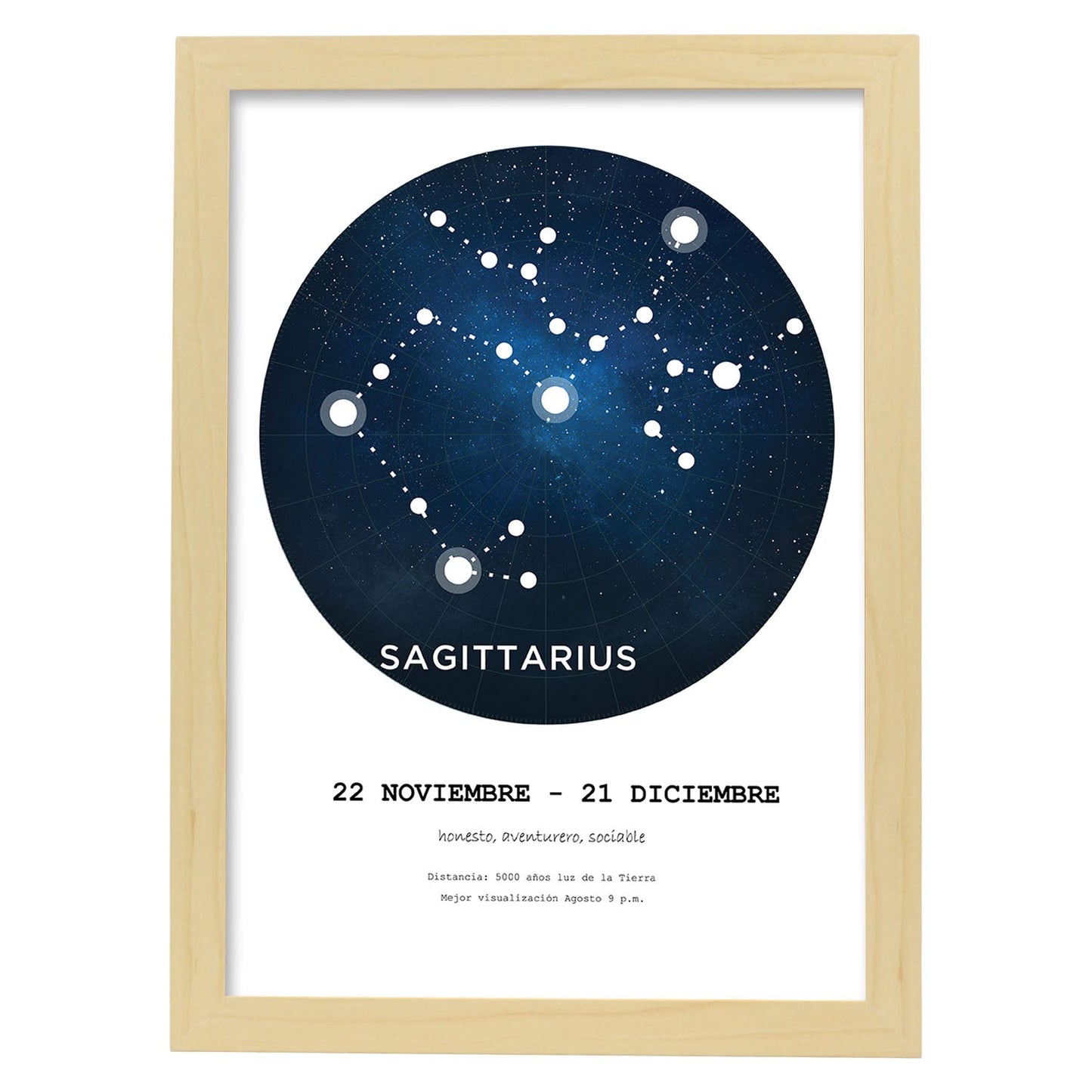 Lamina con la constelación Sagittarius. Poster con símbolo del zodiaco en y fondo blanco-Artwork-Nacnic-A4-Marco Madera clara-Nacnic Estudio SL