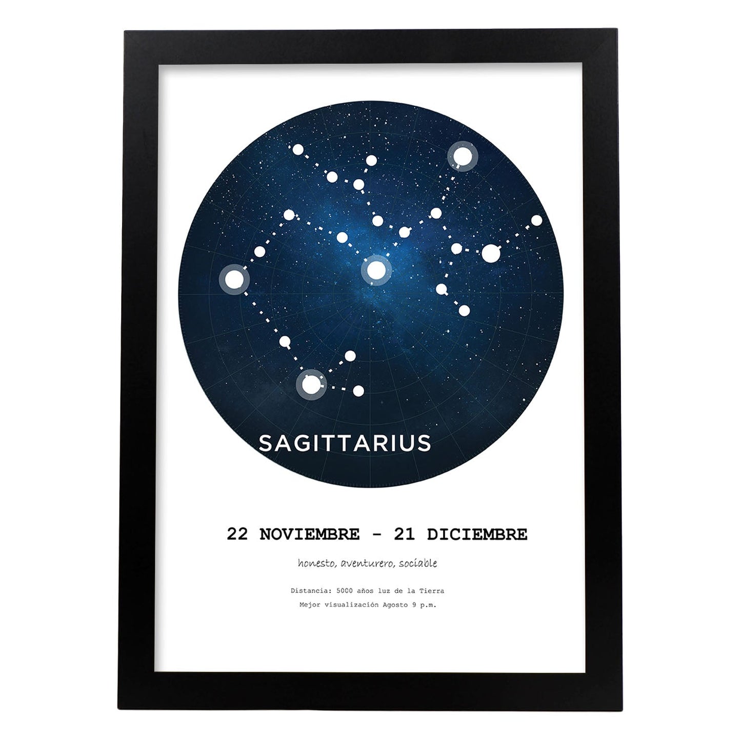 Lamina con la constelación Sagittarius. Poster con símbolo del zodiaco en y fondo blanco-Artwork-Nacnic-A4-Marco Negro-Nacnic Estudio SL