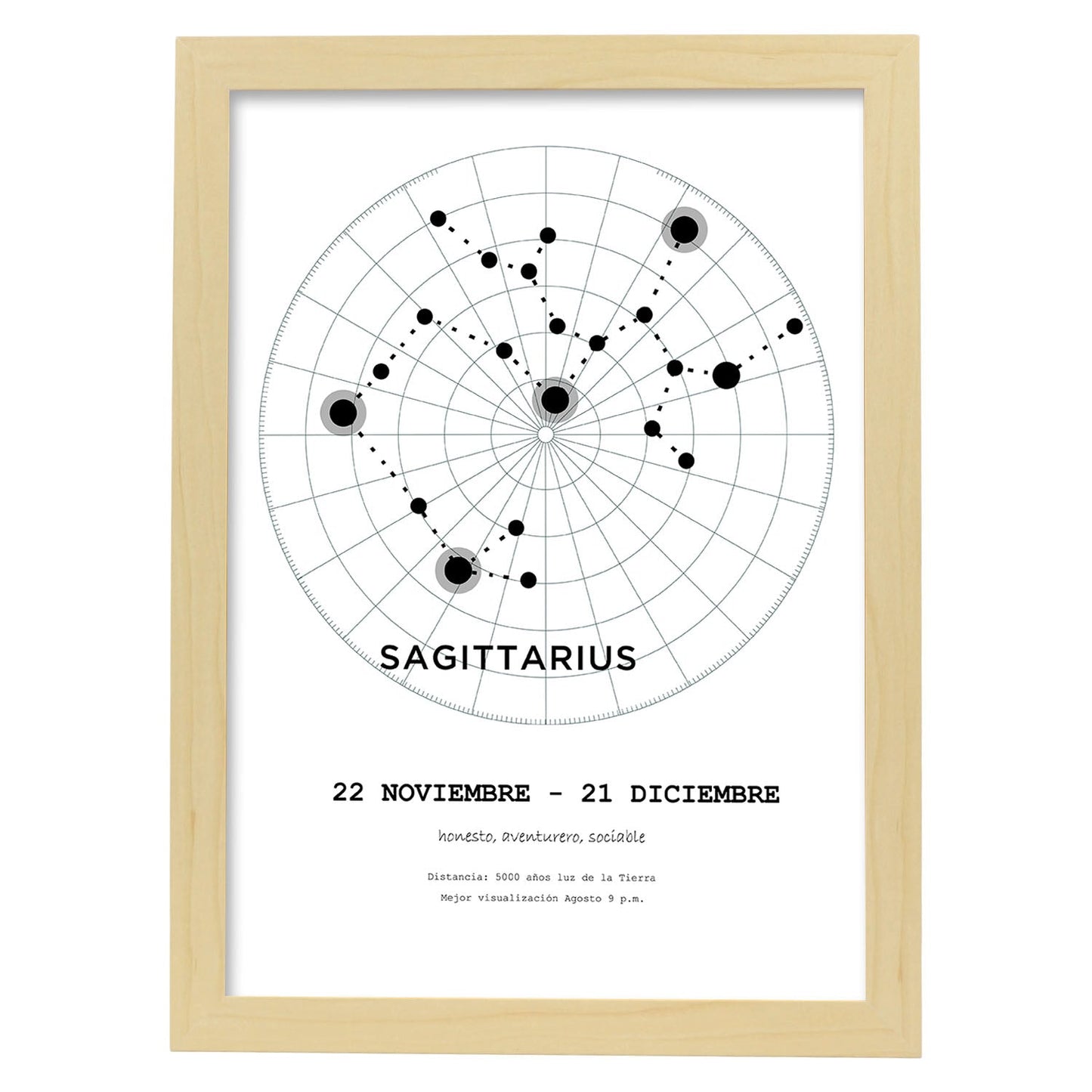 Lamina con la constelación Sagittarius. Poster con símbolo del zodiaco en y fondo del cielo estrellado-Artwork-Nacnic-A3-Marco Madera clara-Nacnic Estudio SL