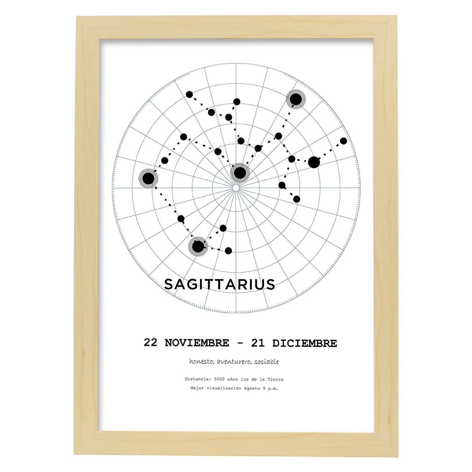 Lamina con la constelación Sagittarius. Poster con símbolo del zodiaco en y fondo del cielo estrellado-Artwork-Nacnic-A4-Marco Madera clara-Nacnic Estudio SL