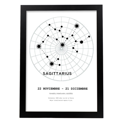 Lamina con la constelación Sagittarius. Poster con símbolo del zodiaco en y fondo del cielo estrellado-Artwork-Nacnic-A4-Marco Negro-Nacnic Estudio SL