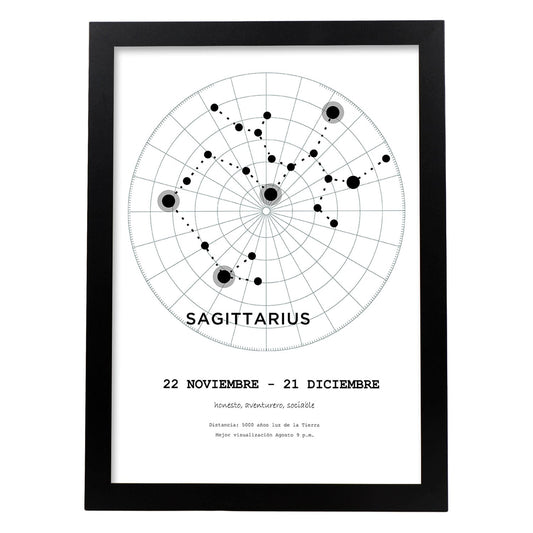 Lamina con la constelación Sagittarius. Poster con símbolo del zodiaco en y fondo del cielo estrellado-Artwork-Nacnic-A4-Marco Negro-Nacnic Estudio SL