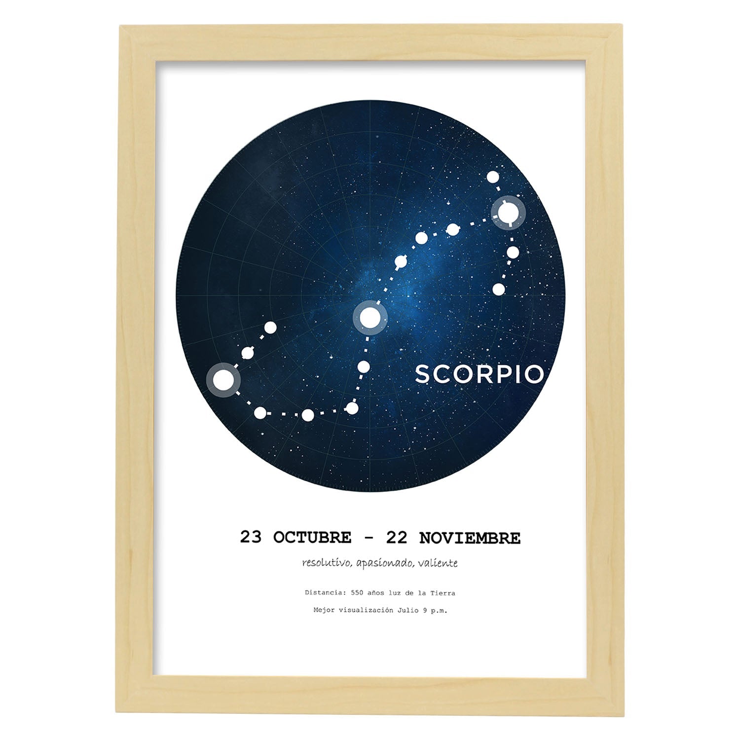 Lamina con la constelación Scorpio. Poster con símbolo del zodiaco en y fondo blanco-Artwork-Nacnic-A3-Marco Madera clara-Nacnic Estudio SL