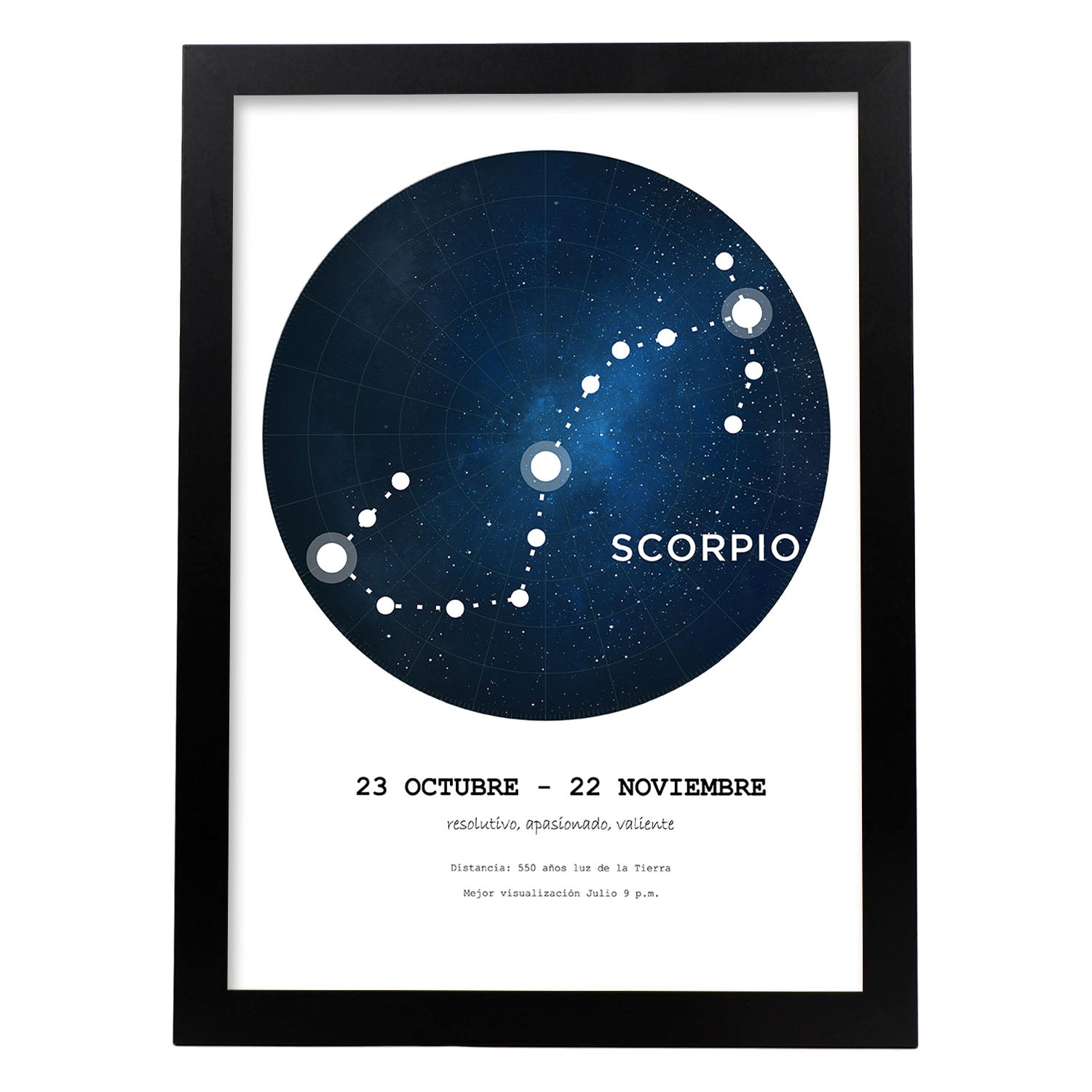 Lamina con la constelación Scorpio. Poster con símbolo del zodiaco en y fondo blanco-Artwork-Nacnic-A3-Marco Negro-Nacnic Estudio SL