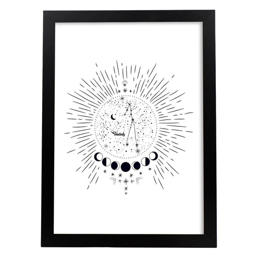 Lamina con la constelación Tauro. Poster con símbolo del zodiaco en y fondo blanco-Artwork-Nacnic-A4-Marco Negro-Nacnic Estudio SL