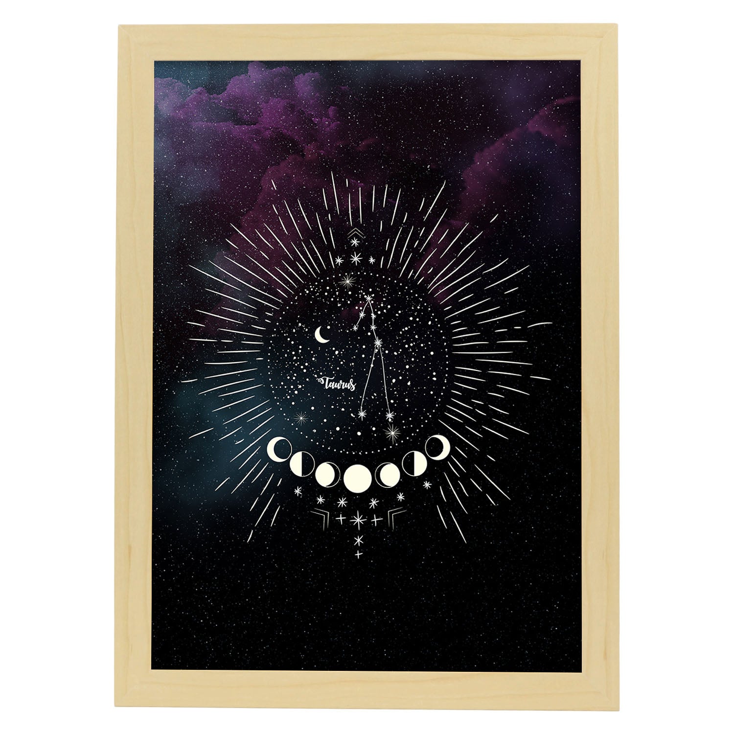 Lamina con la constelación Tauro. Poster con símbolo del Zodiaco en y Fondo del Cielo Estrellado-Artwork-Nacnic-A3-Marco Madera clara-Nacnic Estudio SL