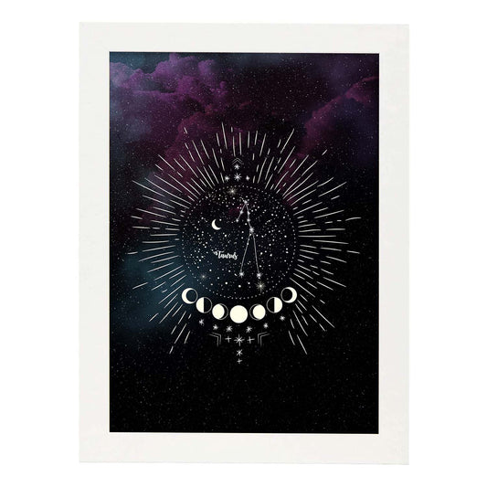 Lamina con la constelación Tauro. Poster con símbolo del Zodiaco en y Fondo del Cielo Estrellado-Artwork-Nacnic-A4-Marco Blanco-Nacnic Estudio SL