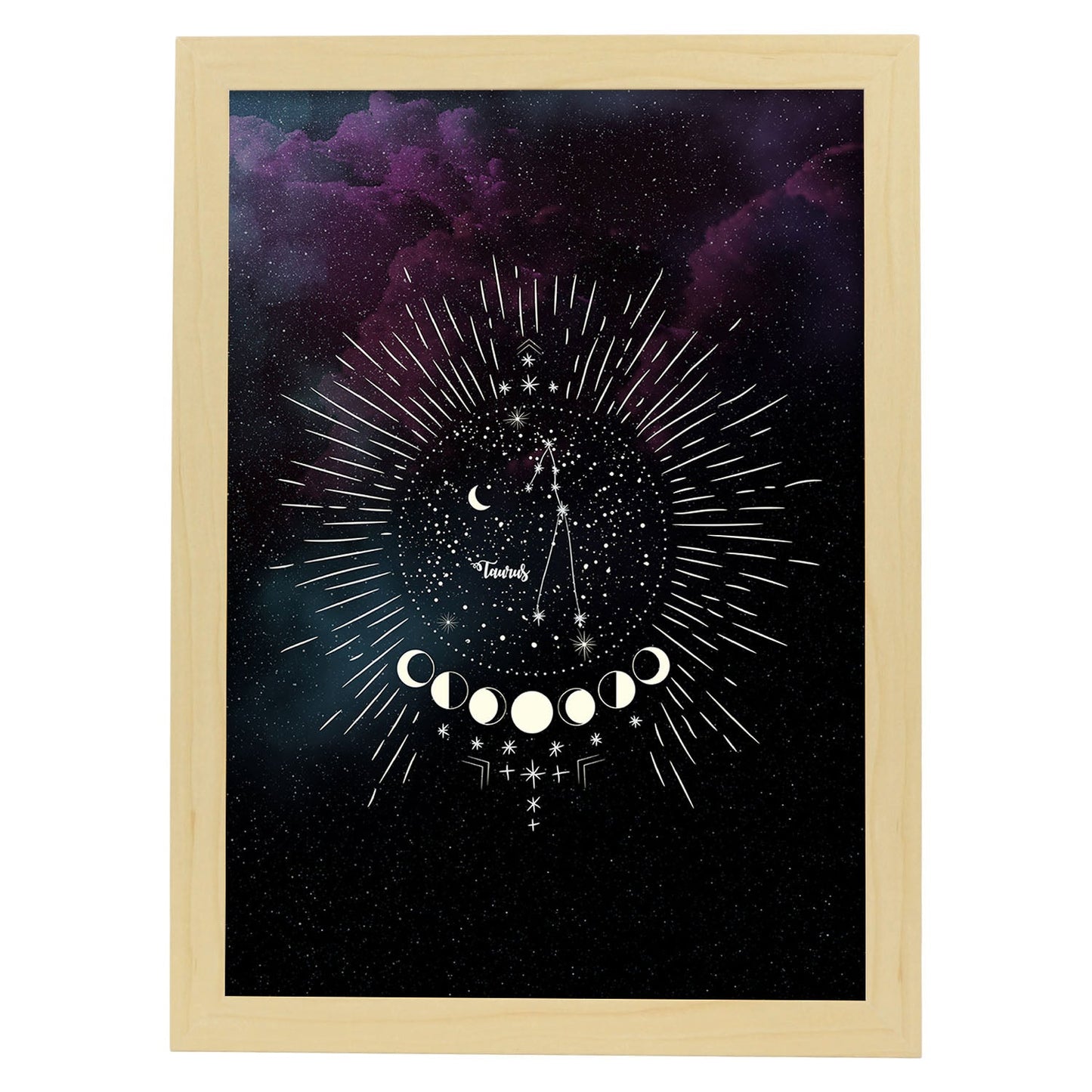 Lamina con la constelación Tauro. Poster con símbolo del Zodiaco en y Fondo del Cielo Estrellado-Artwork-Nacnic-A4-Marco Madera clara-Nacnic Estudio SL