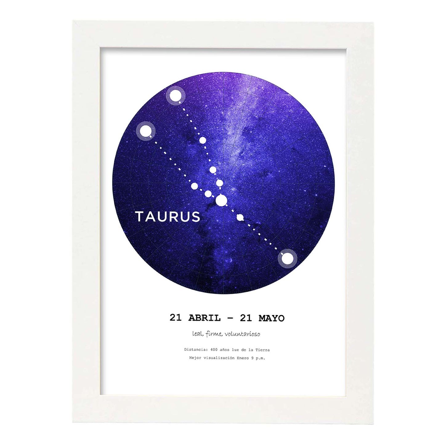Lamina con la constelación Taurus. Poster con símbolo del zodiaco en y fondo blanco-Artwork-Nacnic-A3-Marco Blanco-Nacnic Estudio SL
