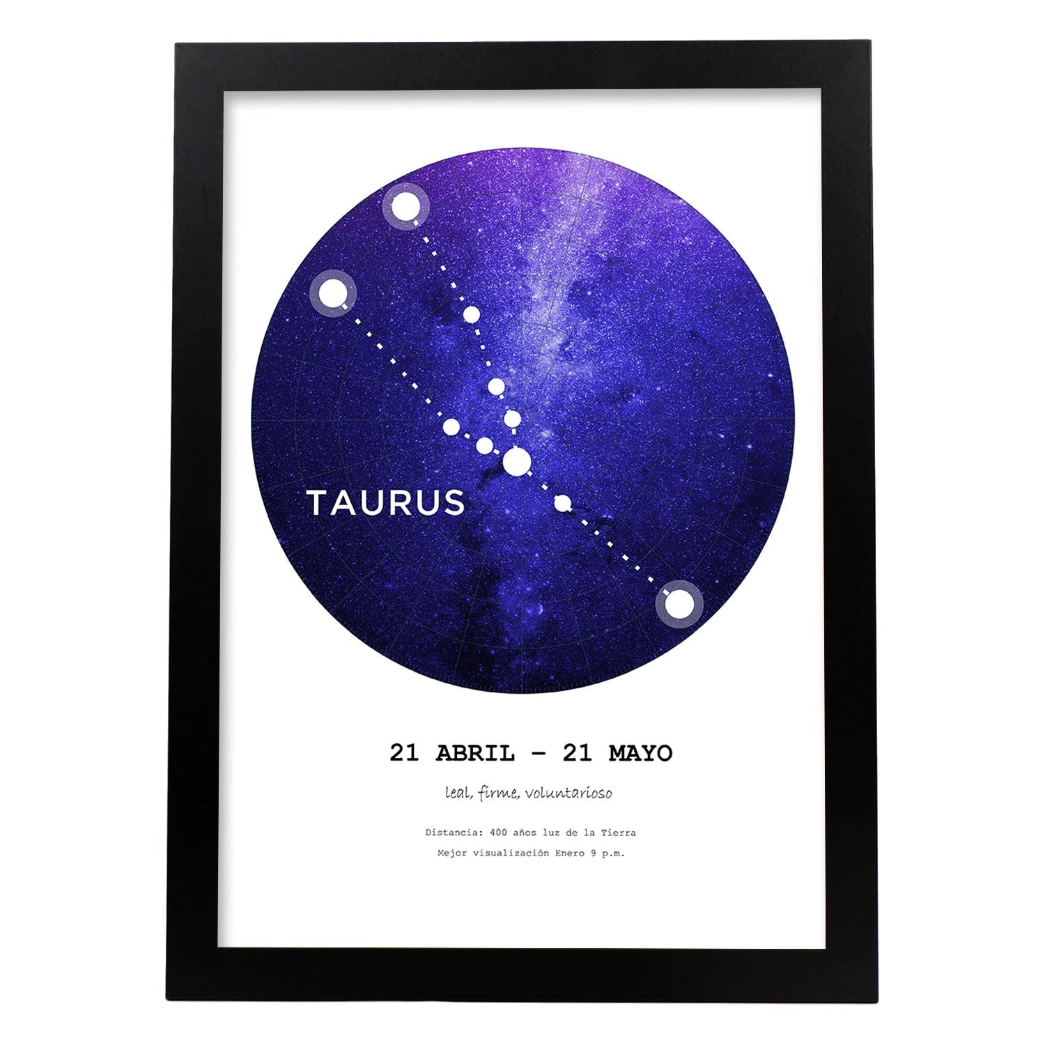 Lamina con la constelación Taurus. Poster con símbolo del zodiaco en y fondo blanco-Artwork-Nacnic-A3-Marco Negro-Nacnic Estudio SL