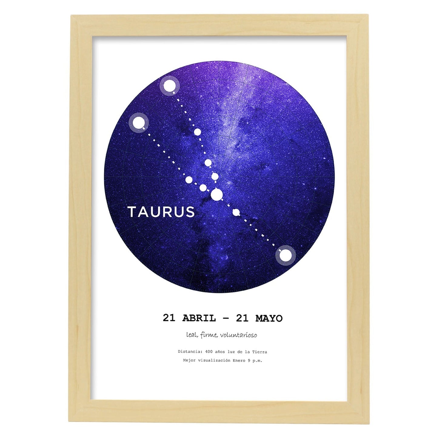 Lamina con la constelación Taurus. Poster con símbolo del zodiaco en y fondo blanco-Artwork-Nacnic-A4-Marco Madera clara-Nacnic Estudio SL
