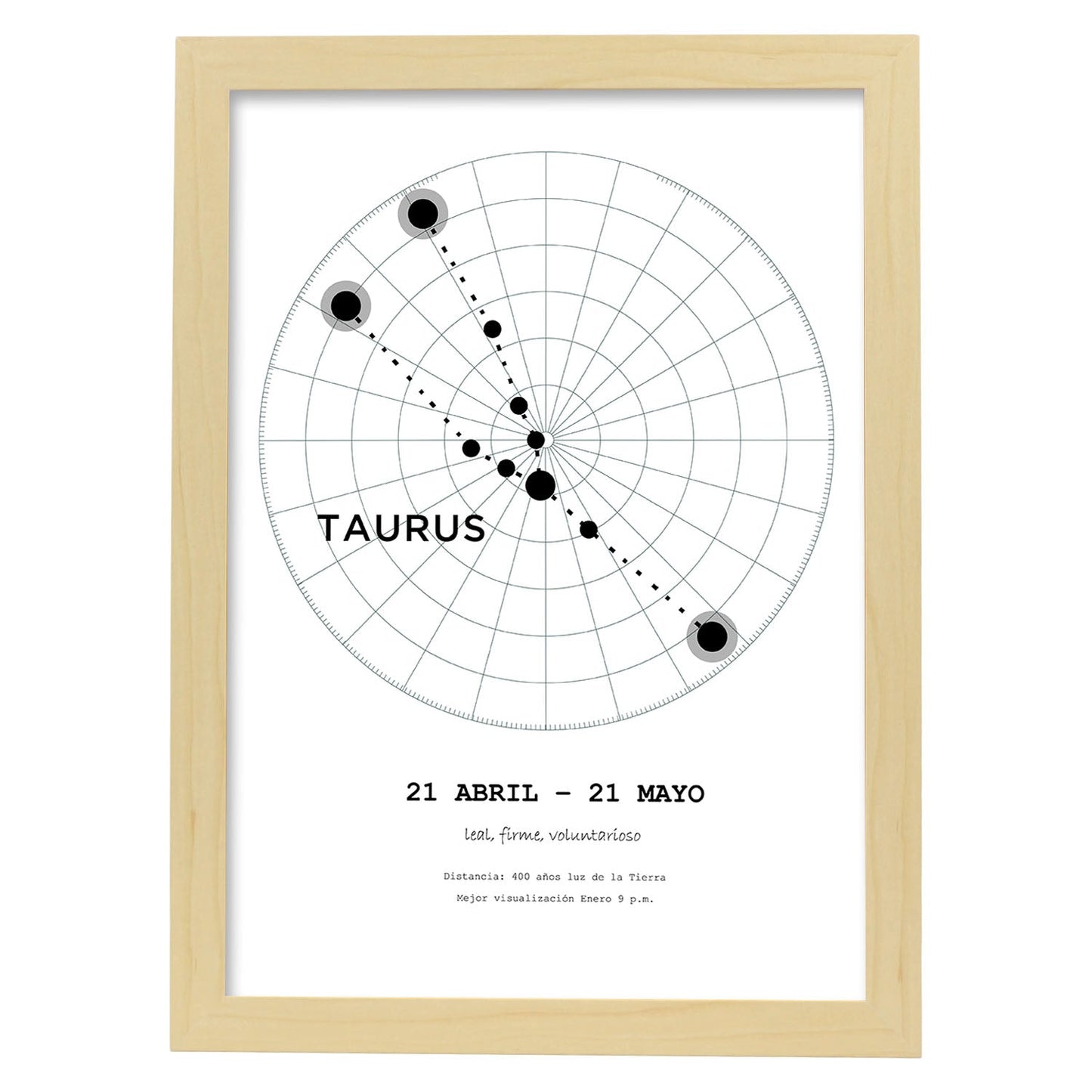 Lamina con la constelación Taurus. Poster con símbolo del zodiaco en y fondo del cielo estrellado-Artwork-Nacnic-A4-Marco Madera clara-Nacnic Estudio SL