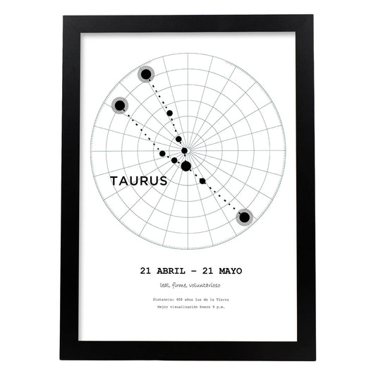 Lamina con la constelación Taurus. Poster con símbolo del zodiaco en y fondo del cielo estrellado-Artwork-Nacnic-A4-Marco Negro-Nacnic Estudio SL