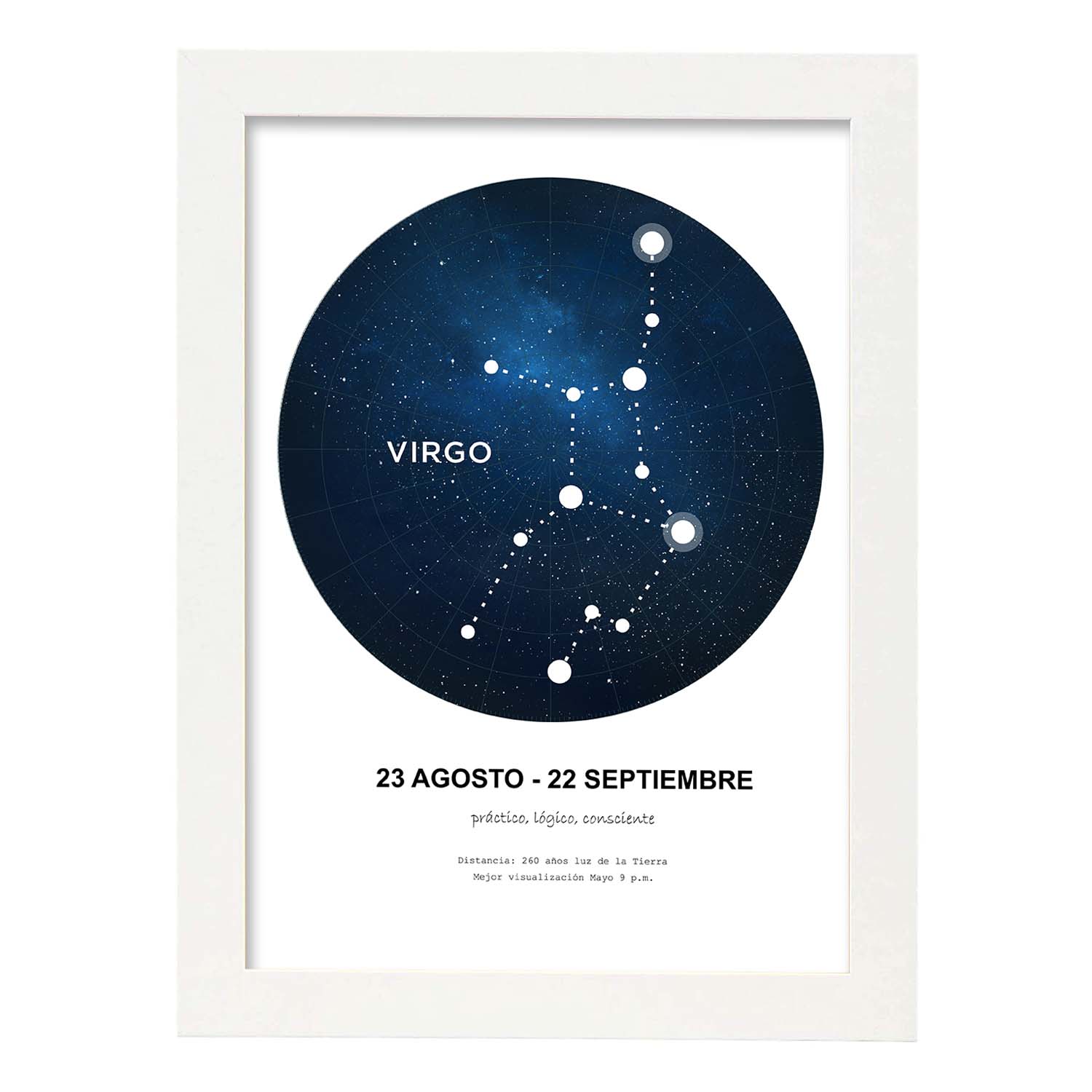 Lamina con la constelación Virgo. Poster con símbolo del zodiaco en y fondo blanco-Artwork-Nacnic-A4-Marco Blanco-Nacnic Estudio SL