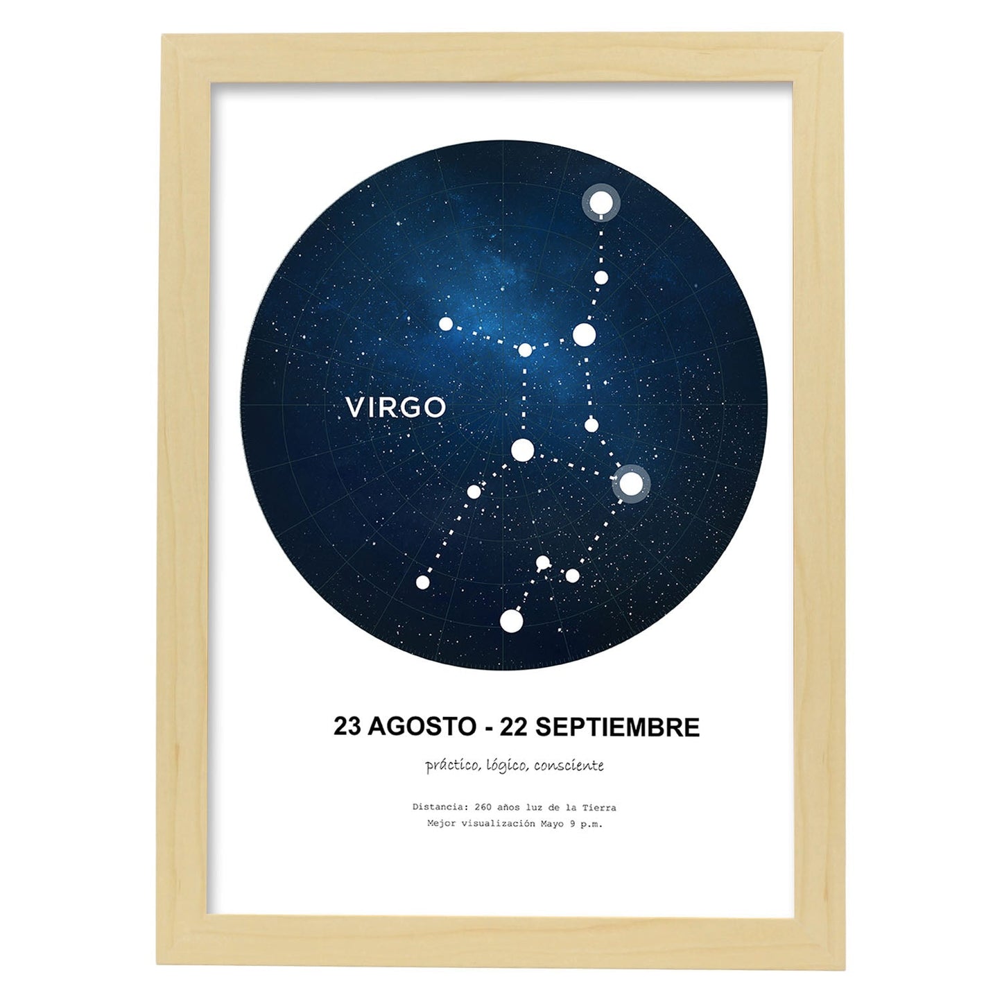 Lamina con la constelación Virgo. Poster con símbolo del zodiaco en y fondo blanco-Artwork-Nacnic-A4-Marco Madera clara-Nacnic Estudio SL