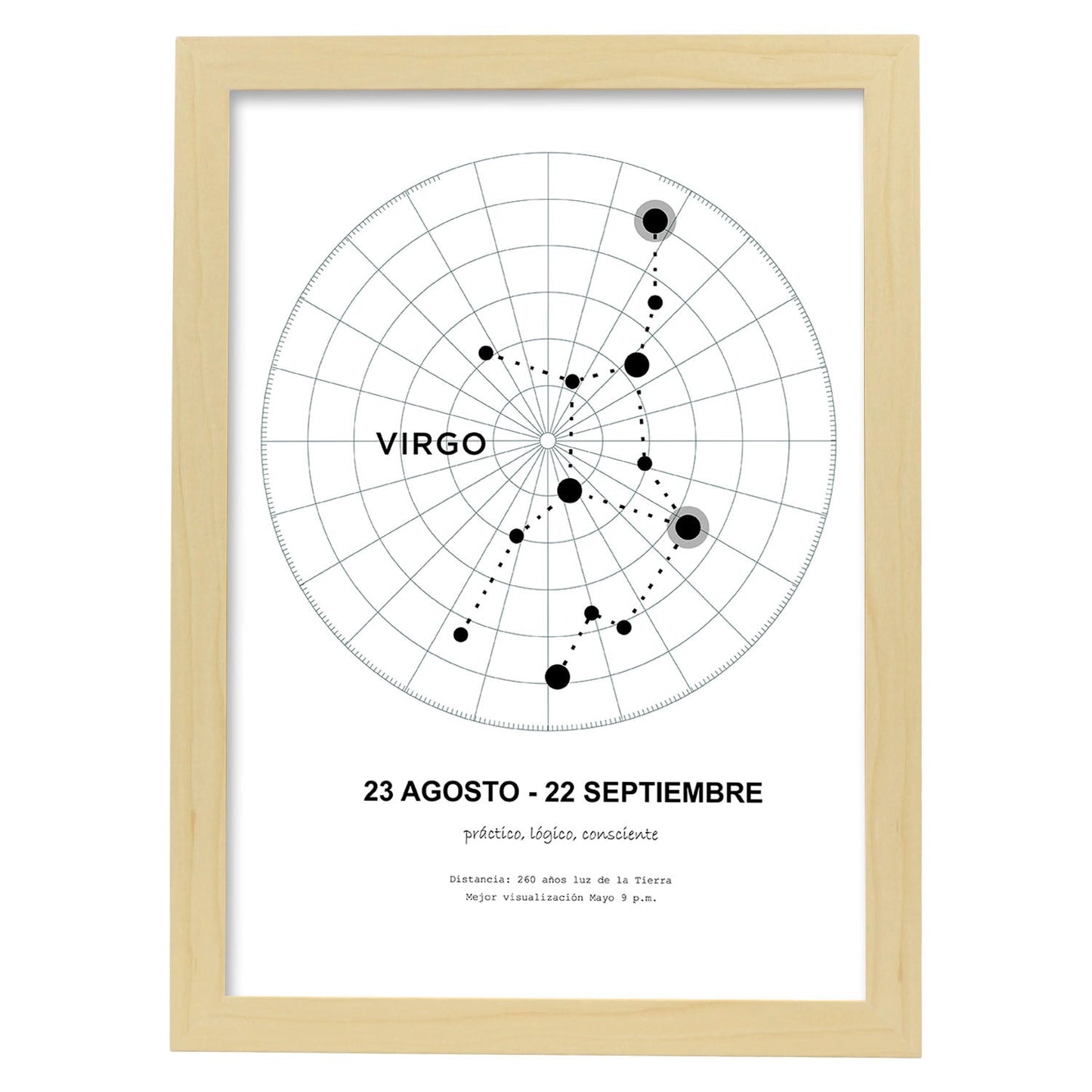 Lamina con la constelación Virgo. Poster con símbolo del zodiaco en y fondo del cielo estrellado-Artwork-Nacnic-A3-Marco Madera clara-Nacnic Estudio SL