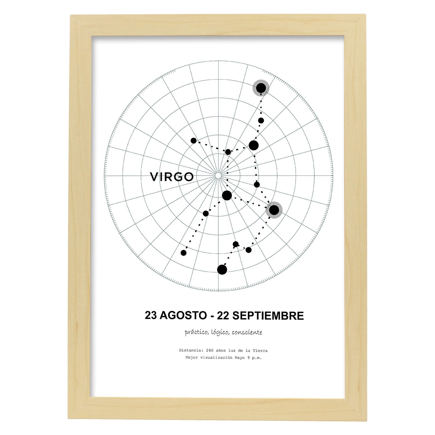 Lamina con la constelación Virgo. Poster con símbolo del zodiaco en y fondo del cielo estrellado-Artwork-Nacnic-A4-Marco Madera clara-Nacnic Estudio SL