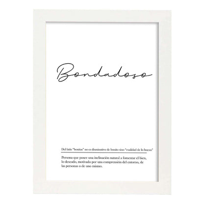 Lámina con la definición de la palabra Bondadoso en con fondo Blanco nórdico-Artwork-Nacnic-A4-Marco Blanco-Nacnic Estudio SL